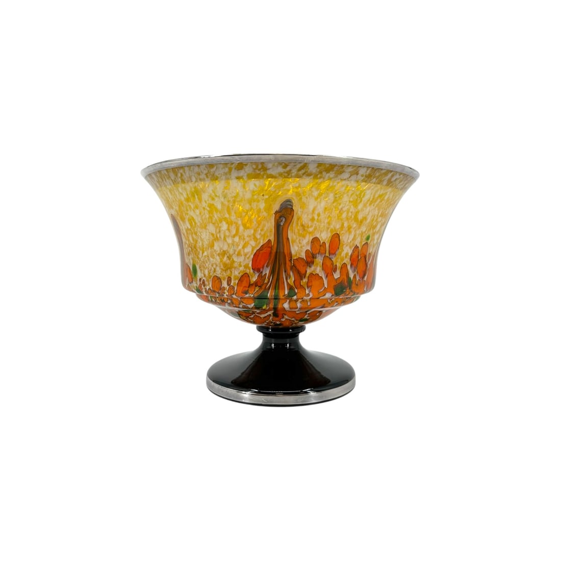 Art Glass Footed Bowl, Sterling Silver Rim: Footed art glass, Murano style urn vessel with sterling silver rim, unsigned. Black pedestal and flowing layers of color on the midsection of the bowl, the silver rim has a swirl filigree and flower m