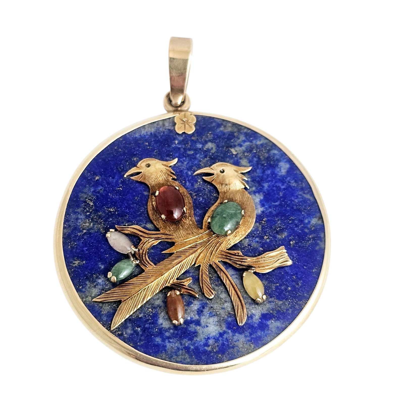 Birds with Lapis Lazuli, Jade, 14k Yellow Gold Pendant: Featuring two birds perched on a branch, the bodies accented by multi-colored jade cabochons, joined to a lapis lazuli plaque set in a 14k yellow gold pendant mounting measuring approximately 2.0