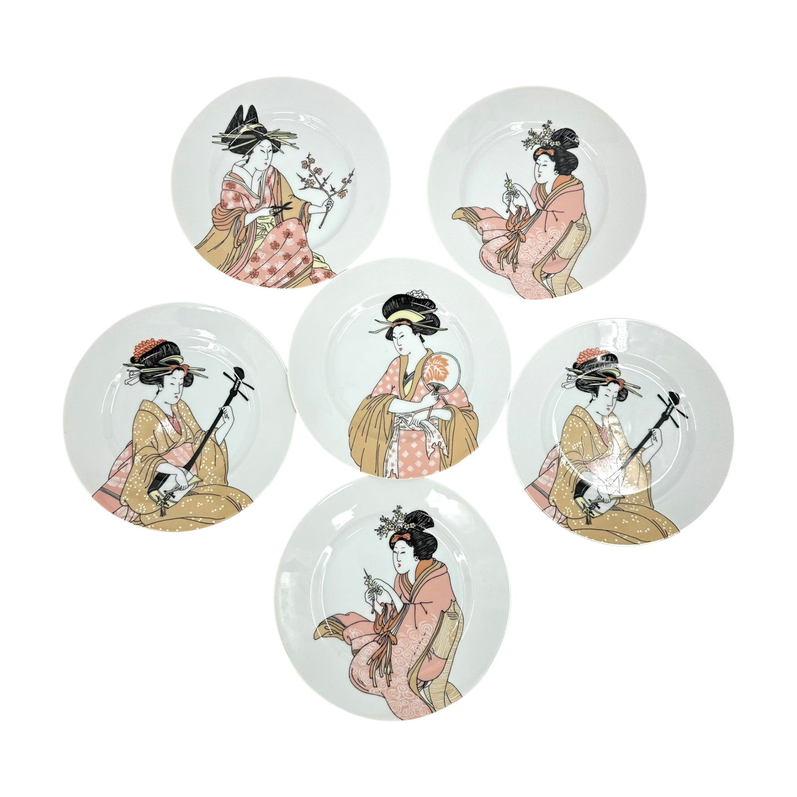 (Lot of) 6 Fitz and Floyd "Geisha" Dessert/Salad Plates: (Lot of) 6 Fitz and Floyd "Geisha" dessert/salad plates featuring 4 different images. Each plate measures approximately 7 1/2 in D. Condition is very good, no discernable damage or wear and