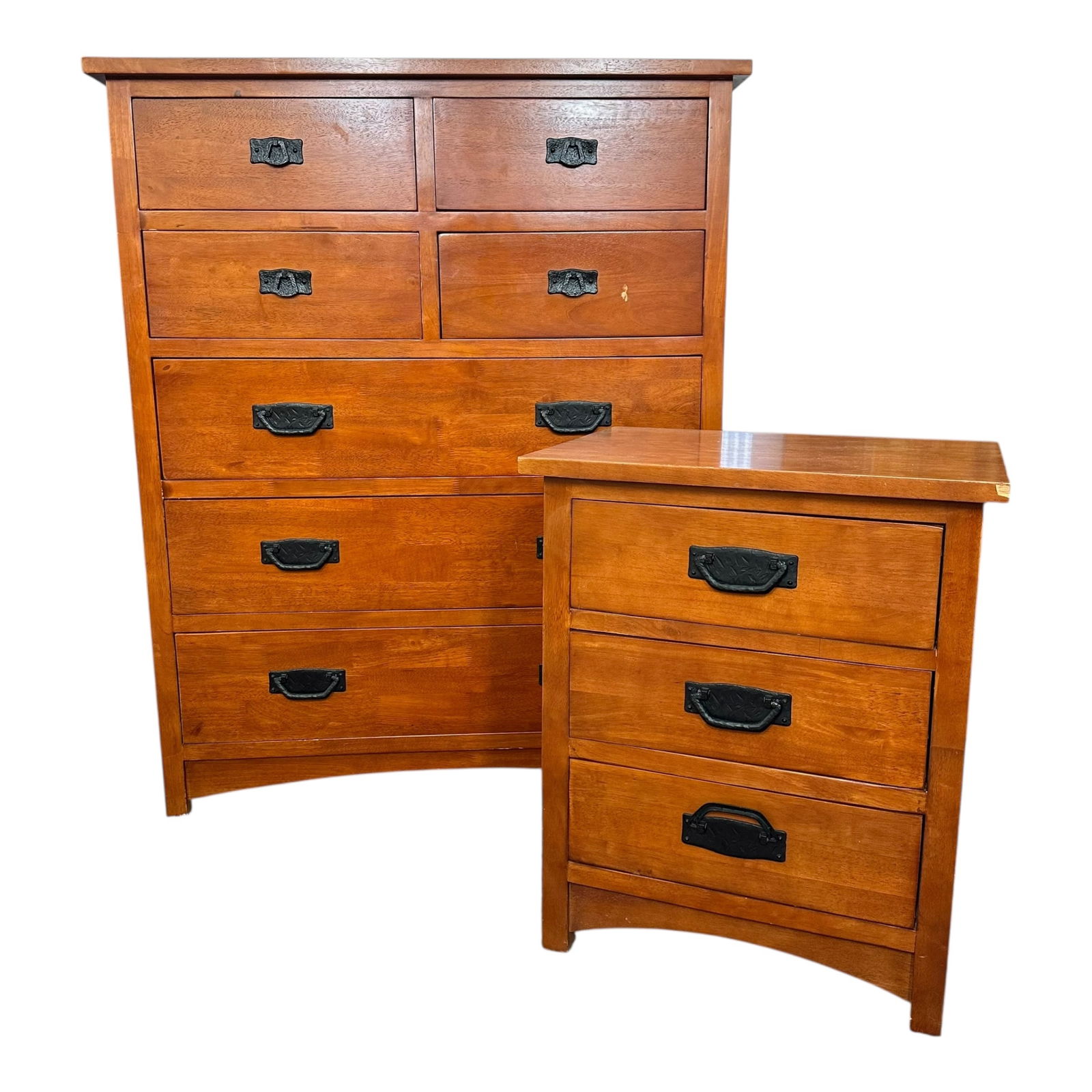 Mid Century Modern Japanese Iron Mounted Elm Wood Dresser and Nightstand: A Mid Century Modern Japanese iron mounted elm wood dresser with matching nightstand.