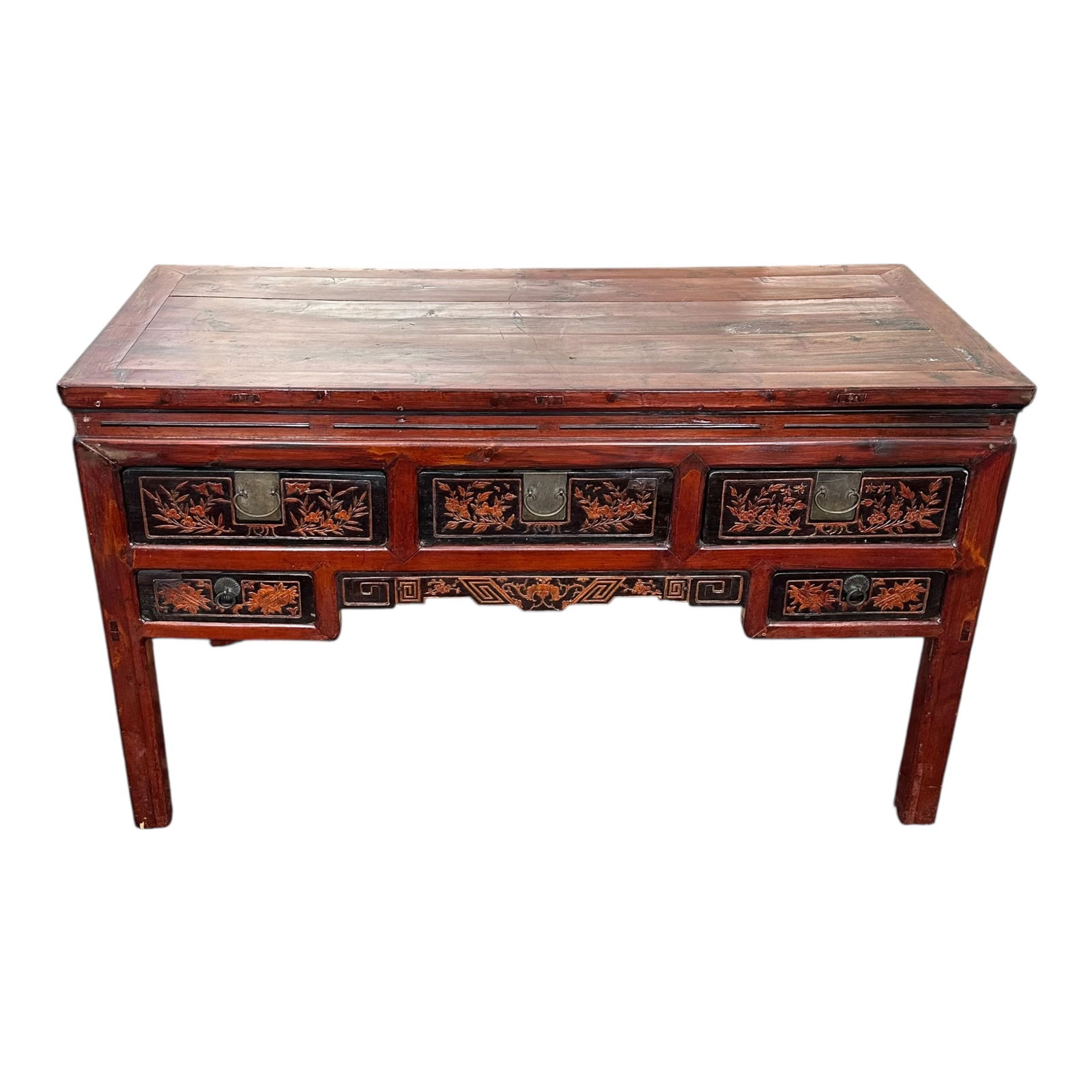 Chinese Lacquered Alter Table: A Chinese red lacquer alter table/console featuring 5 drawers with floral design and metal pulls. Condition: fading consistent with wear and age.