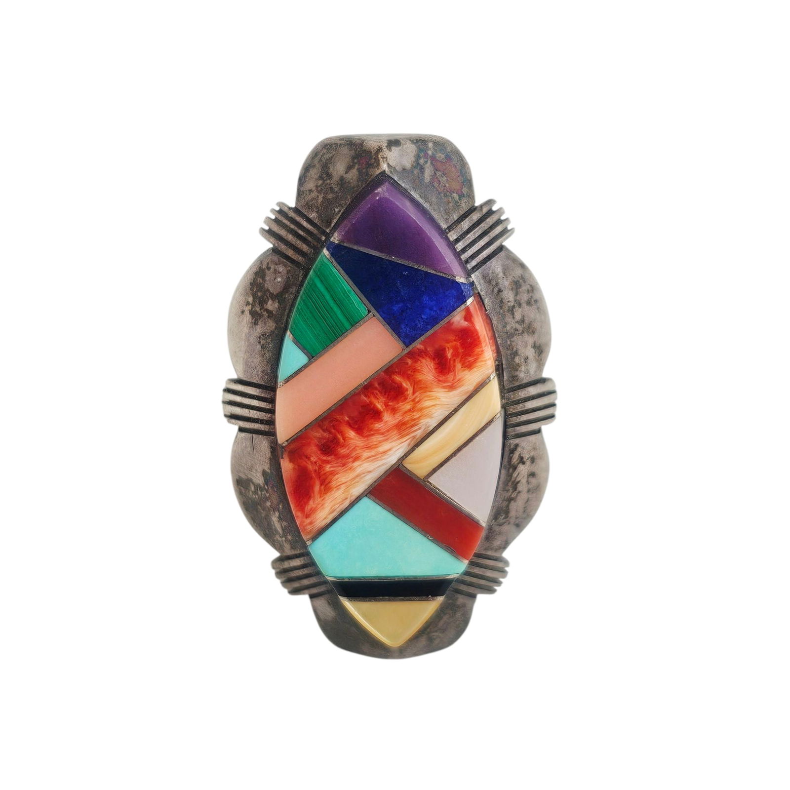 Navajo Multi-Stone, Sterling Silver Ring, Ray Jack: Featuring inlaid turquoise, sugilite, spiny oyster, malachite, mother-of-pearl, jet, shell, jasper and lapis, set in a scalloped sterling silver ring mounting, size 8 1/2. Gross weight:17.2 grams. Sig