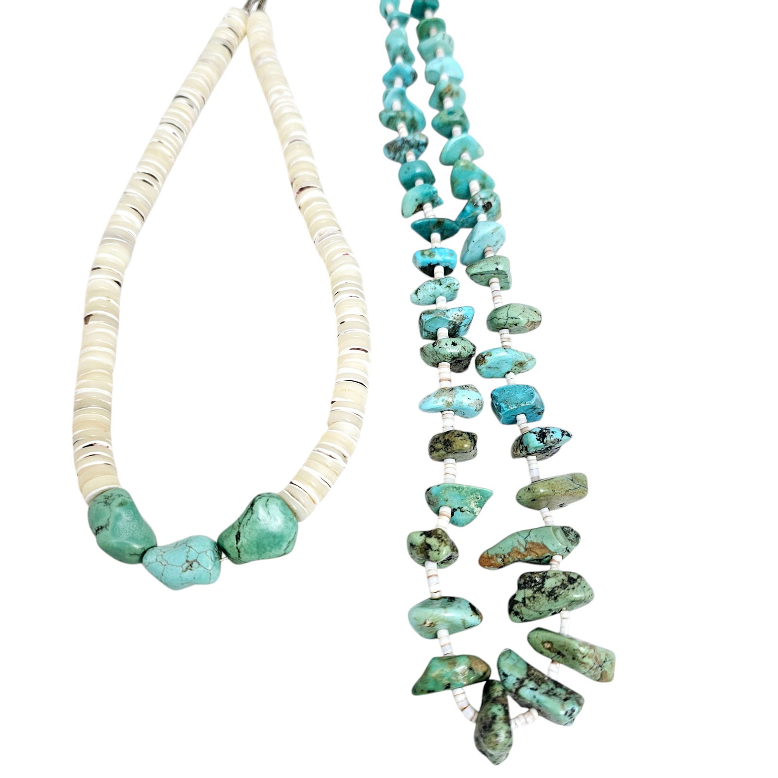 Two Navajo Turquoise, Shell Necklaces: Including one necklace composed of turquoise tabs spaced by shell heishi beads, 27 inches; together with shell heishi beads punctuated by three tumbled turquoise beads, completed by a silver hook and