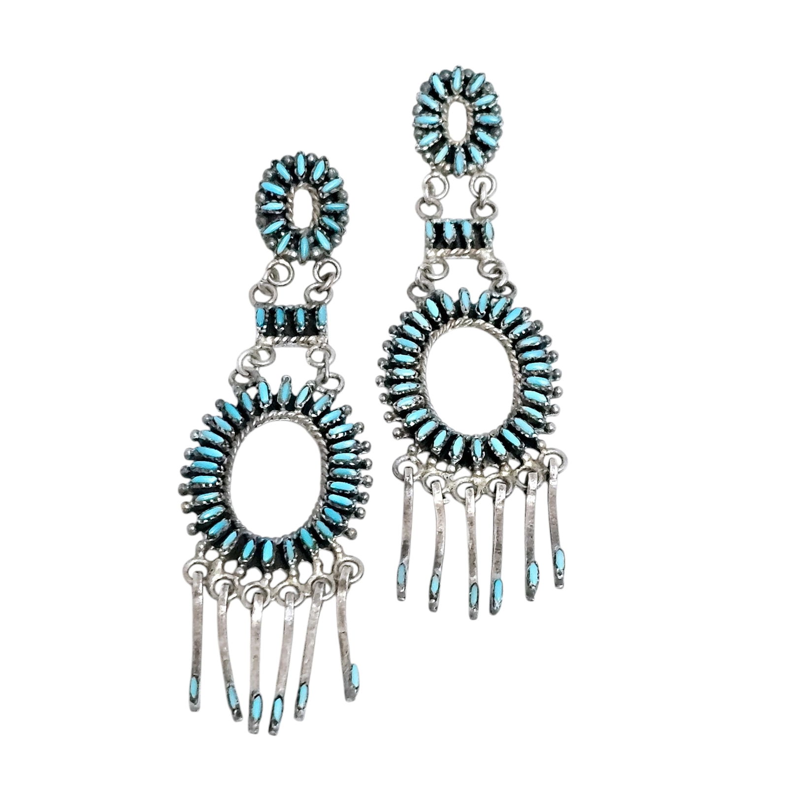 Pair of Zuni Needlepoint Turquoise, Sterling Silver Earrings: Featuring numerous navette-shape turquoise cabochons set in chandelier style, sterling silver earring mountings, each measuring approximately 3.18 x 0.90 inches. Unsigned. Gross weight: 14.0 grams. No