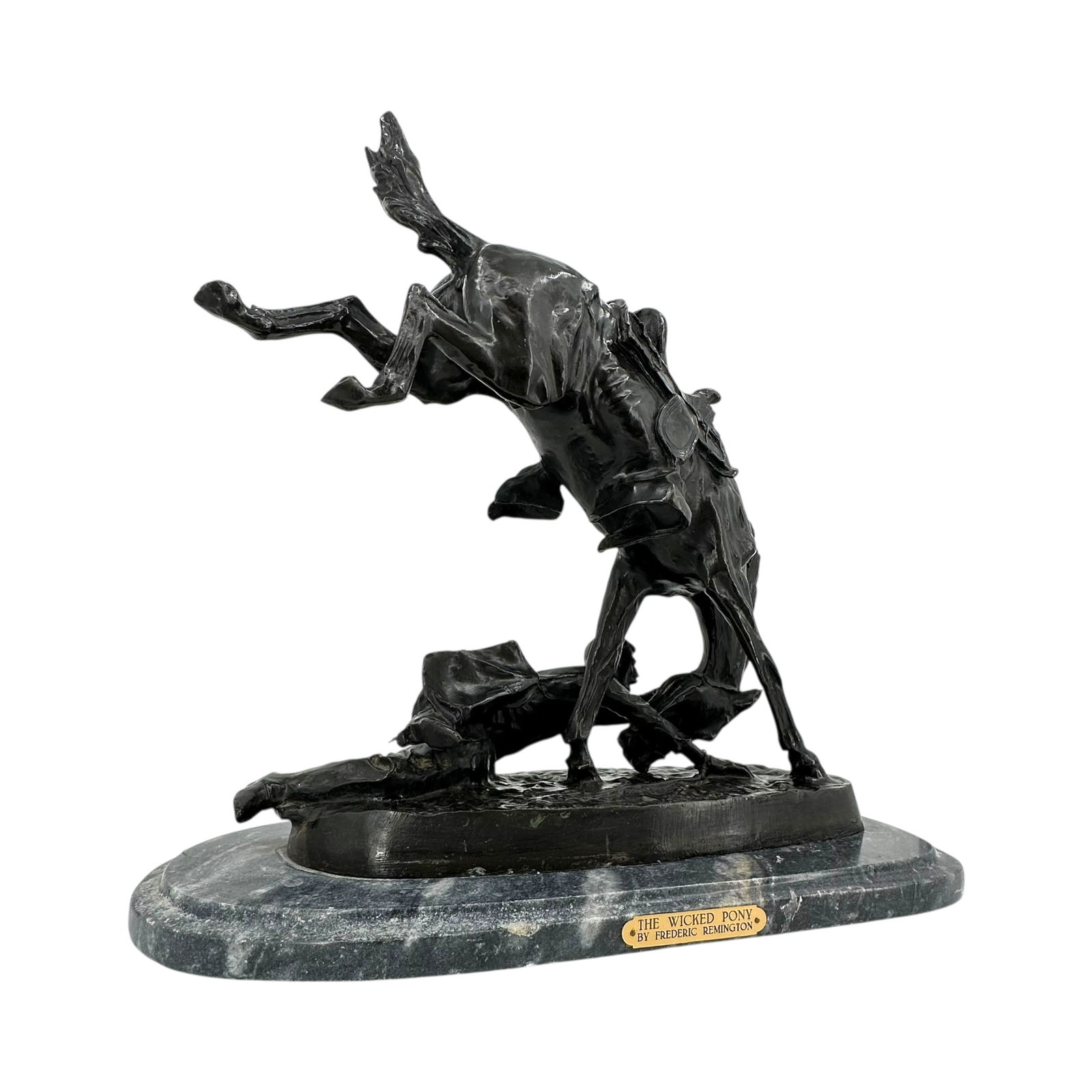 Frederic Remington "Wicked Pony" Bronze Sculpture: Frederic Remington "Wicked Pony" bronze sculpture on marble plinth. Signed on base and plinth has tag that reads "Wicked Pony Frederic Remington" Measures approximately 22 in L x 1