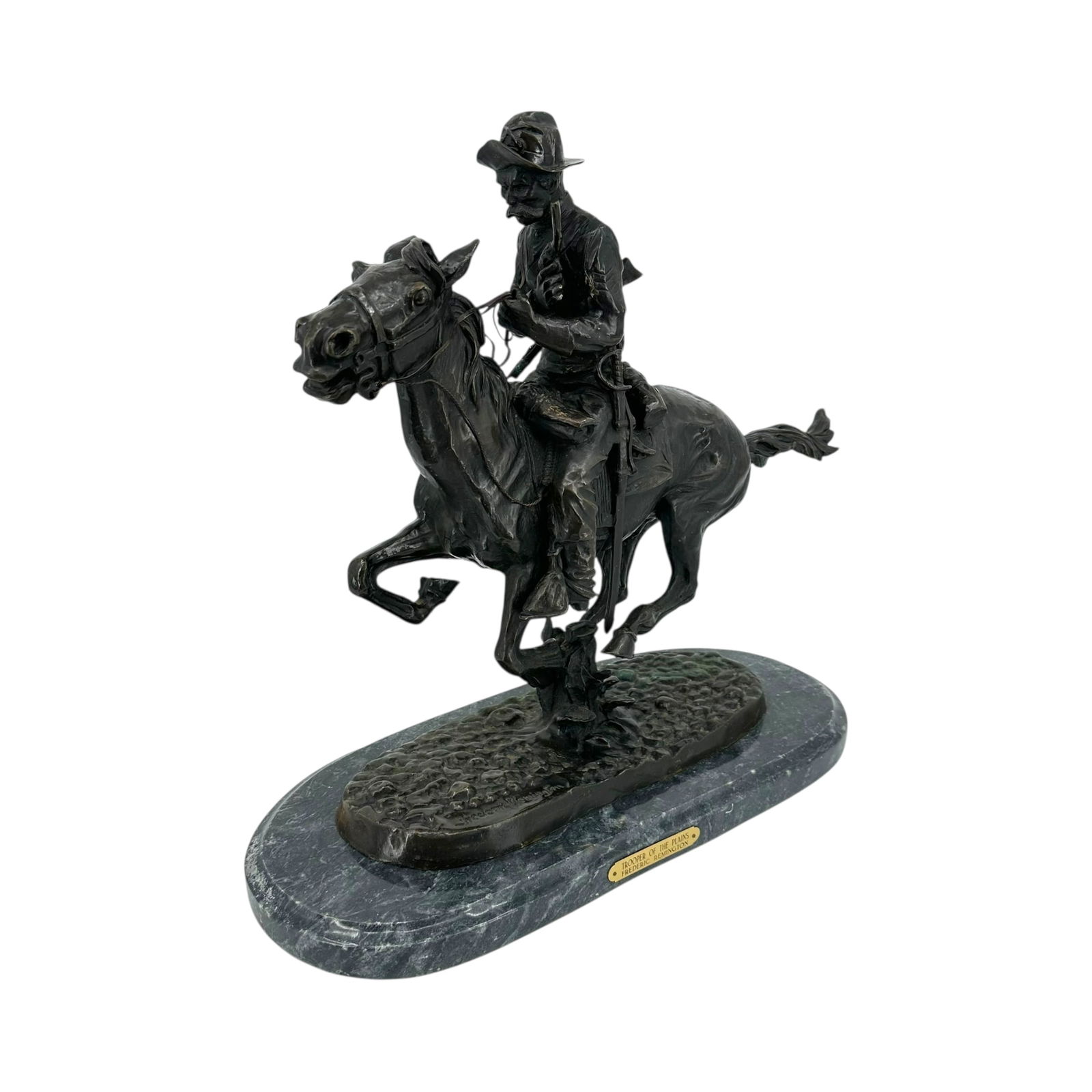 Frederic Remington "Trooper of the Plains" Bronze Sculpture: Frederic Remington "Trooper of the Plains" bronze sculpture on marble plinth. Signed and there is a plaque on the base that reads "Trooper of the Plains Frederic Remington". Condit