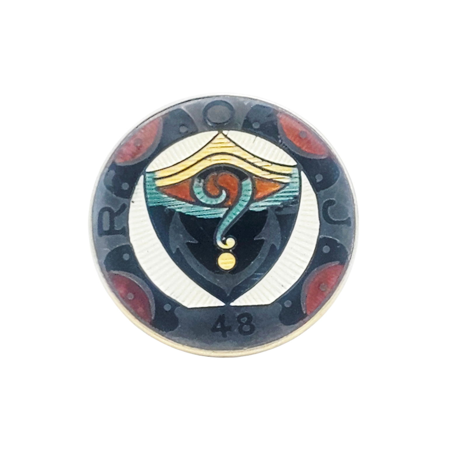 Enamel, 14k Yellow Gold Ring: Featuring a polychrome, guilloche enamel Masonic 'Royal Order of Jesters' medallion, set in a custom 14k yellow gold ring mounting, size 8. Gross weight: 20.3 grams.