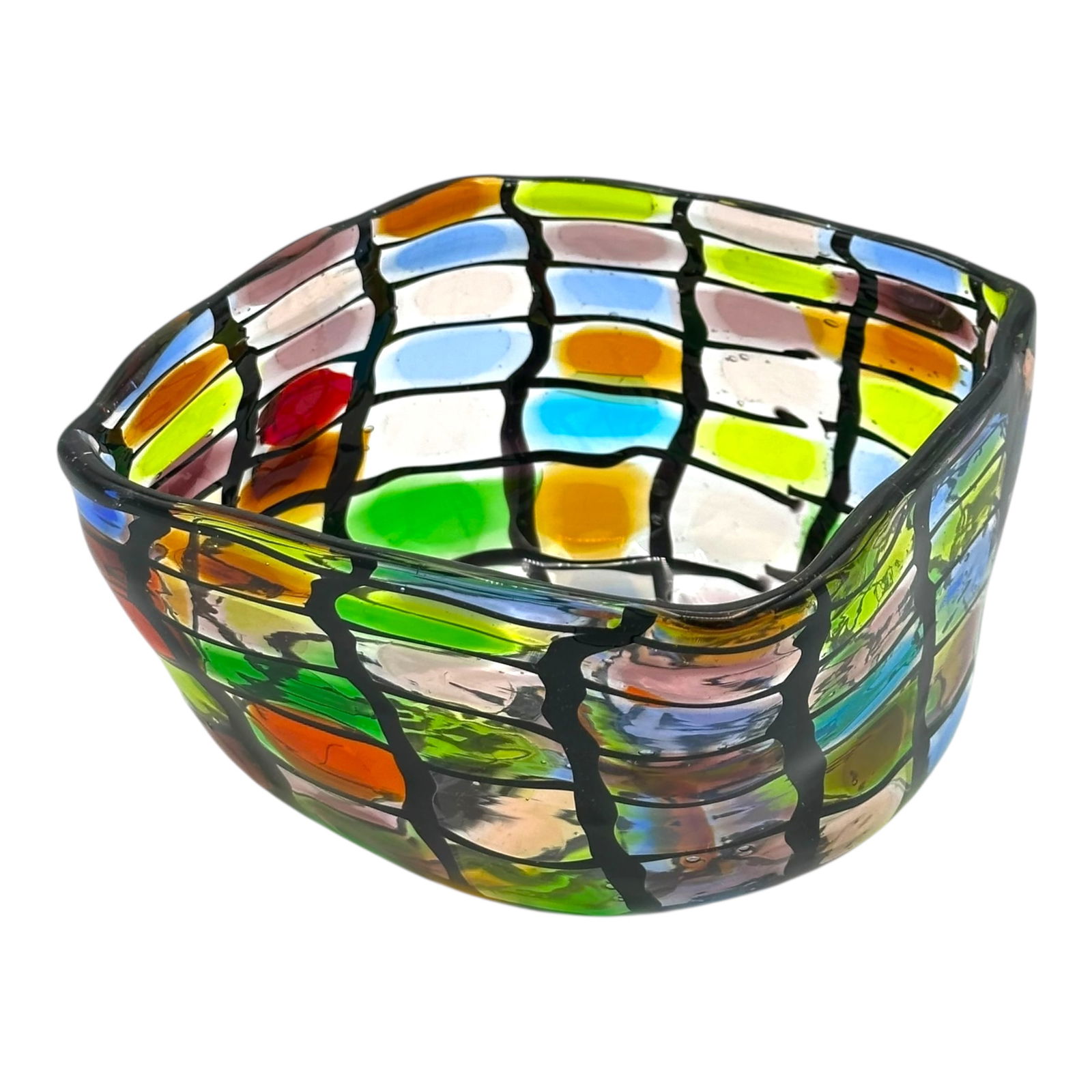 Mosaic Style Art Glass Bowl, Unsigned: An unsigned colorful mosaic designed art glass bowl in a myriad of colors. Condition is very good.