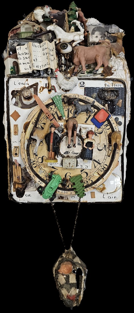 Assemblage Tramp Art 'Clock': Dual sided art sculpture. And door on front revealing poetry and more designs. Covered surface is fragile covered with collage paper elements, plastic toys, figurine parts, metal parts chains, gears,