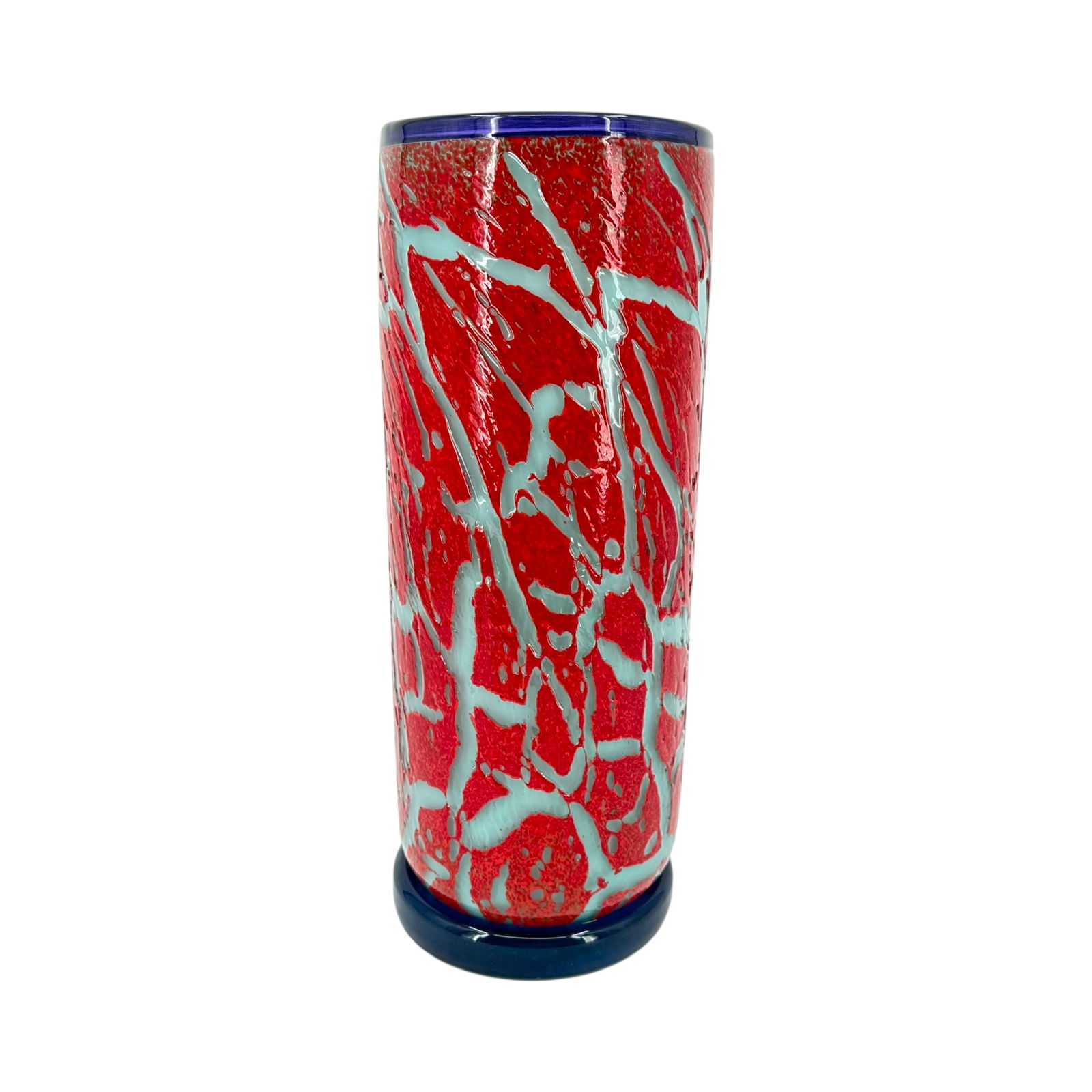 Attributed to Bruce Pizzichillo and Dari Gordon Art Glass Vase: "Tura Fire Crackle" art glass vase attributed to Bruce Pizzichillo and Dari Gordon. Abstract glass vase in red with light blue undertone, blue base and purple rim. Unsigned. Measures a