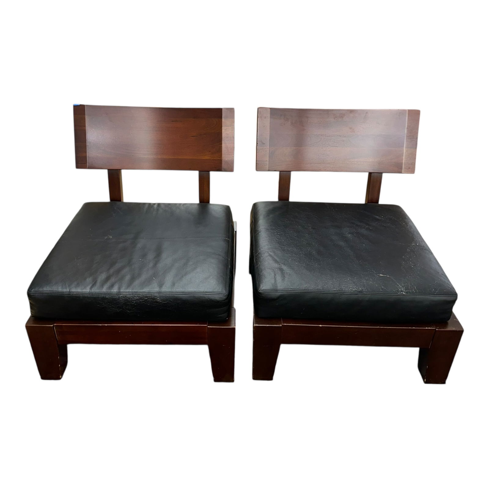 Pair of Mid Century Style Leather and Hardwood Chairs: Pair of Mid-Century Modern style leather and hardwood chairs, Indonesia.