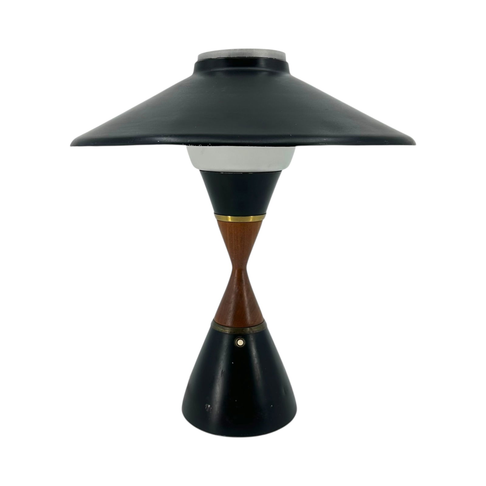 Svend Middelboe (Danish, 1910-2002) Atomic Style Table Lamp for Nordic Solar, circa 1950,: Conical form table or desk lamp, black lacquered metal base and shade, opaline glass, teak and brass details, electrified, in working condition, 16"h x 15"dia. Absence of a condition re