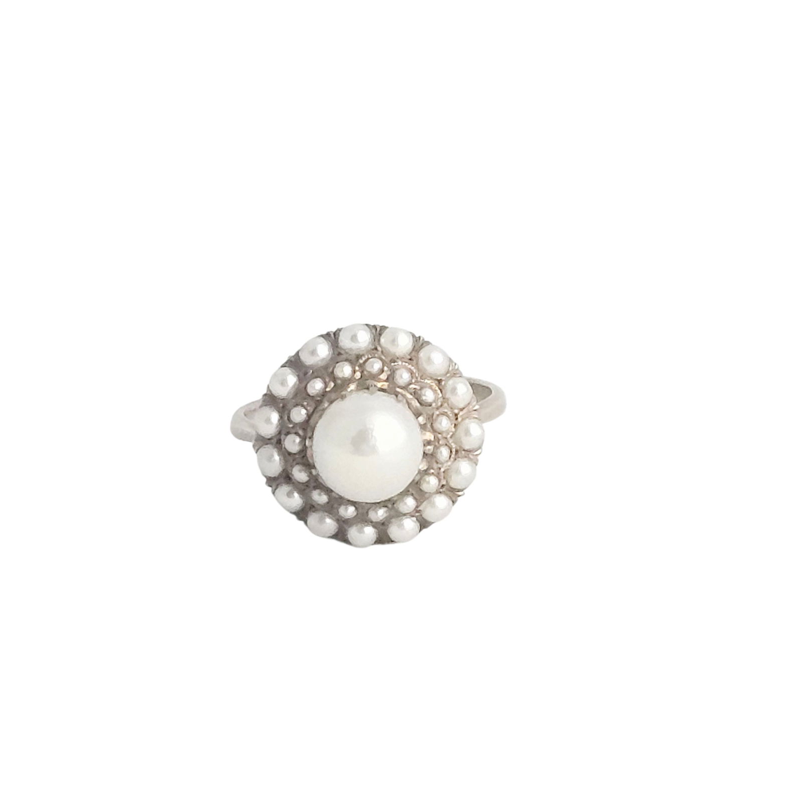 Cultured Pearl, 10k Yellow Gold Ring: Featuring thirty-one round cultured pearls measuring from approximately 7.8 to 2.0 mm, set in a 10k yellow gold ring mounting, size 6 1/4. Gross weight: 3.5 grams. Lots are sold as-is. Please inquire