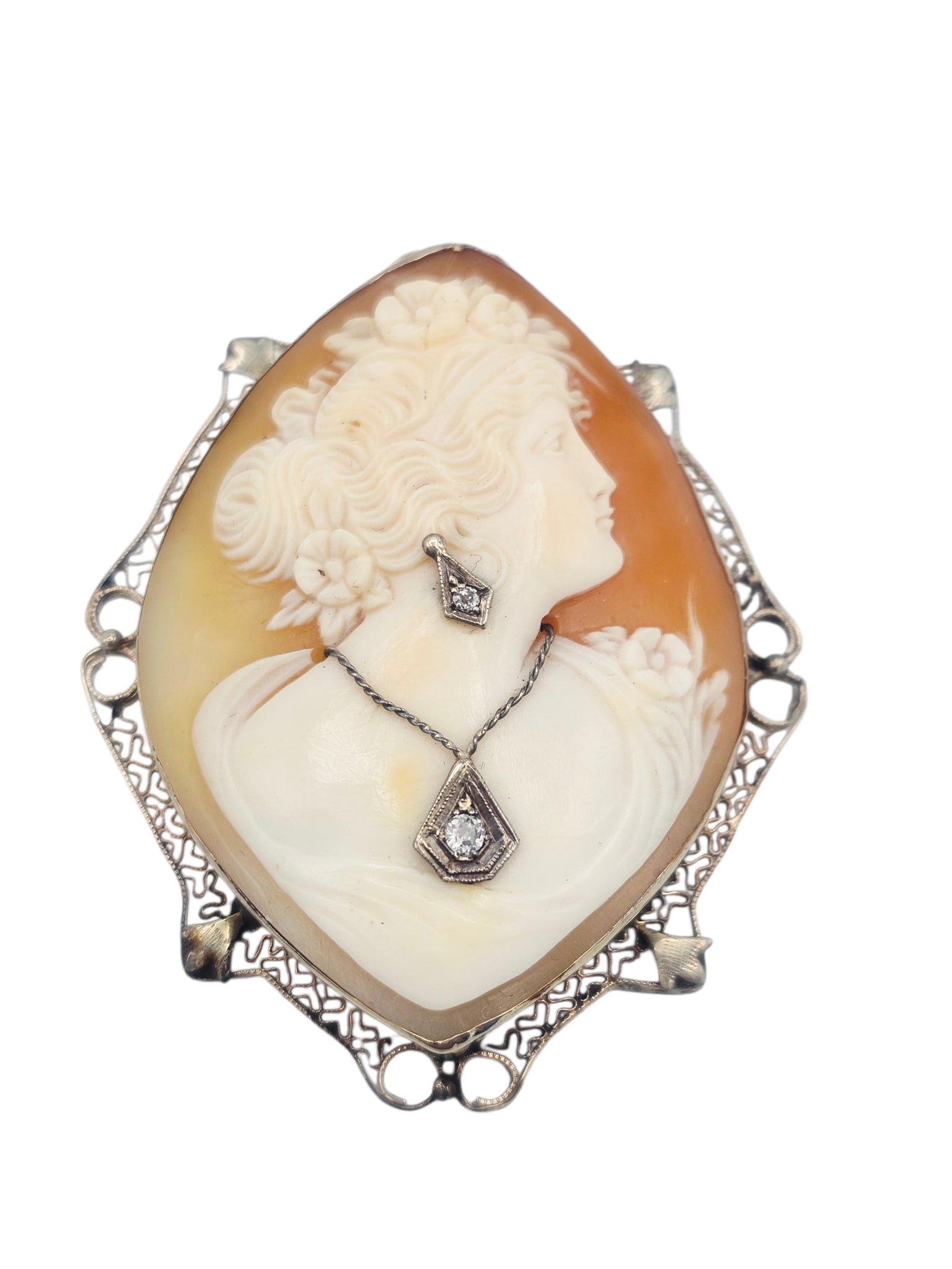 Diamond, Shell Cameo, 14k White Gold Pendant (1 of 5)