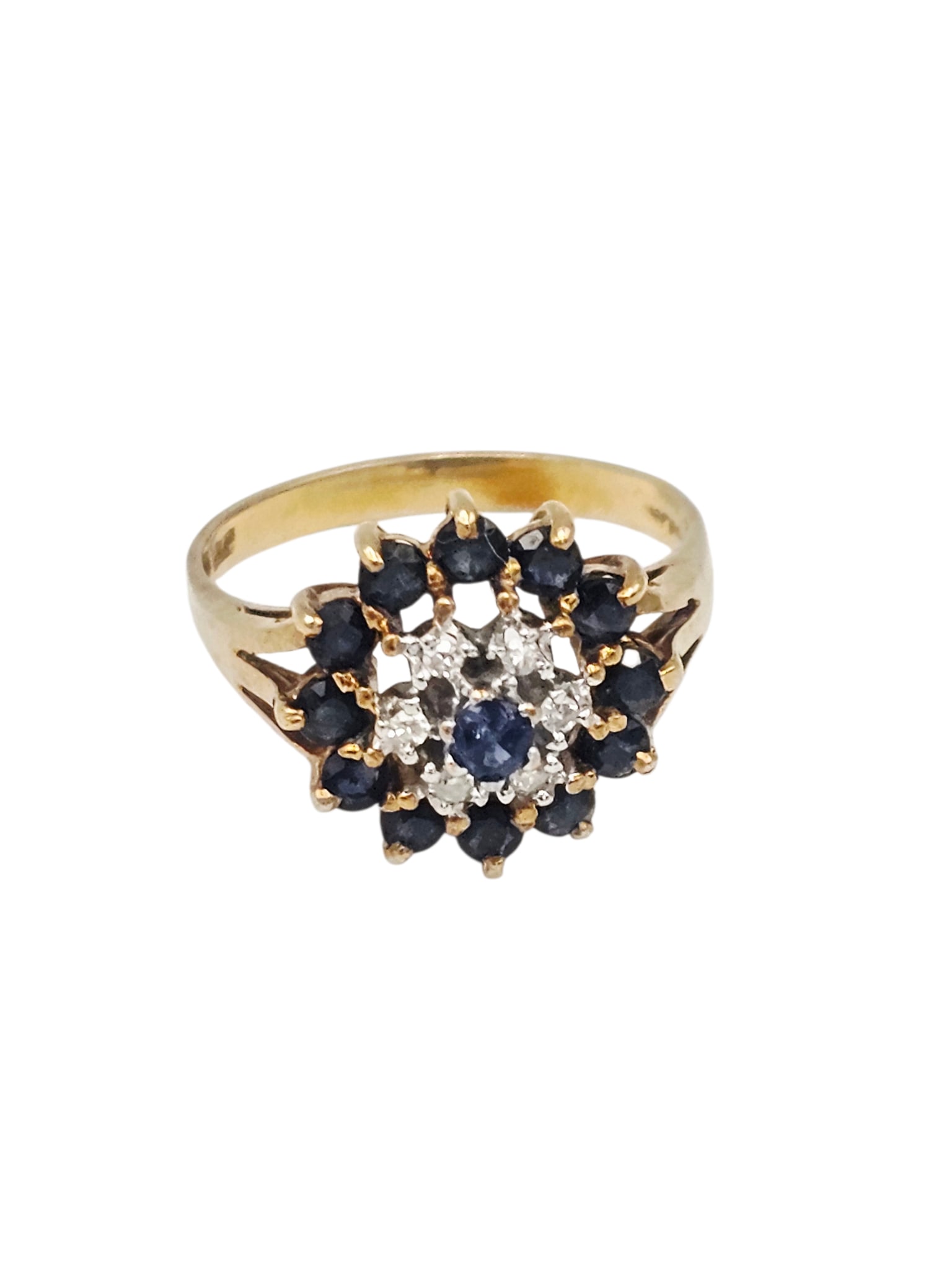 Diamond, Sapphire, 10k Yellow Gold Ring: Featuring thirteen round-cut sapphires weighing a total of approximately 0.95 ctw., accented by six single-cut diamonds weighing a total of approximately 0.12 ctw., set in a 10k yellow gold ring mount