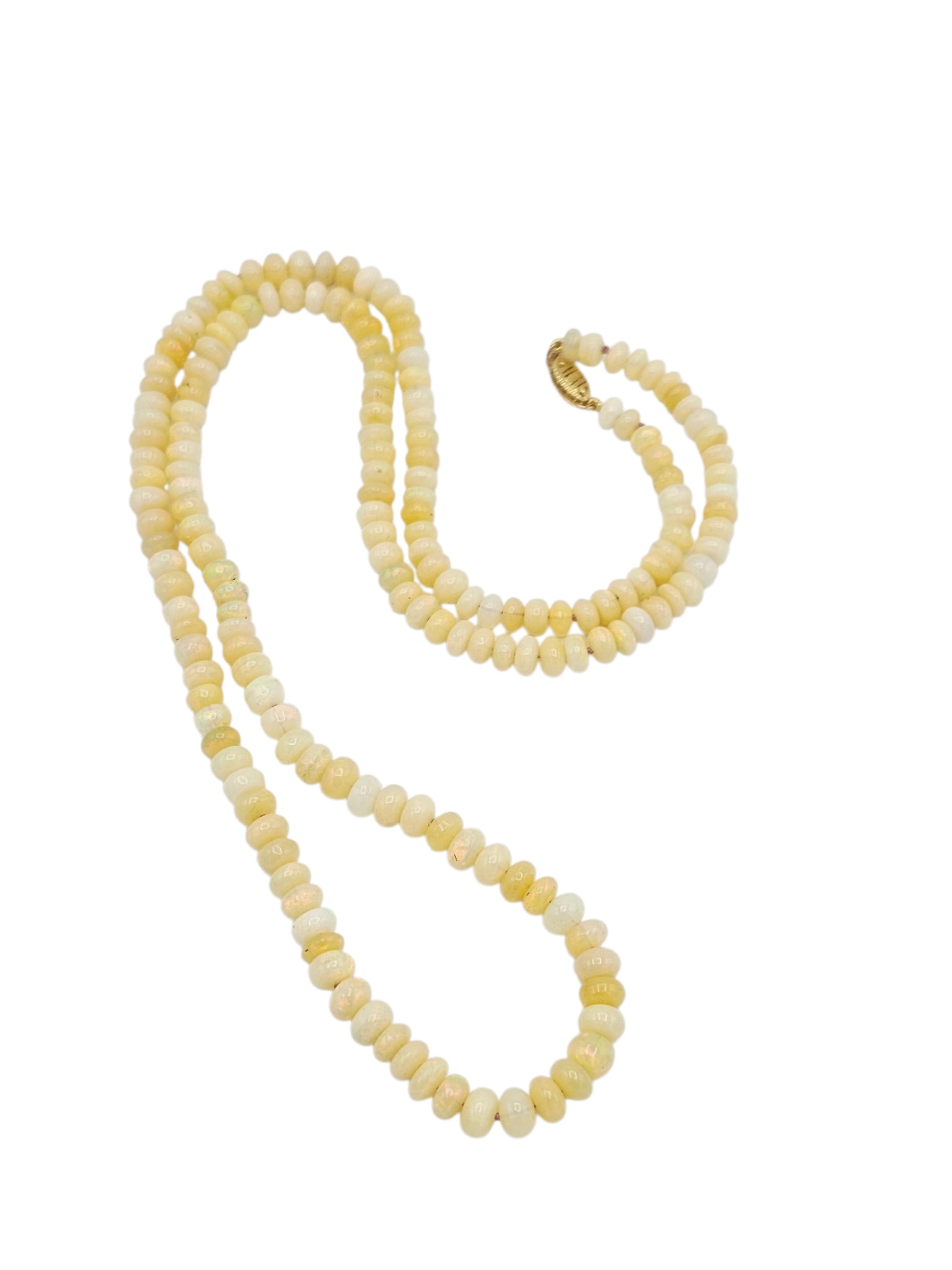 Opal Bead, 14k Yellow Gold Necklace: Composed of one hundred seventy-seven rondelle-shape Ethiopian opal beads measuring from approximately 6.0 to 5.0 mm, completed by an 18k yellow gold hook and box clasp, forming a 25 inch necklace. Gr