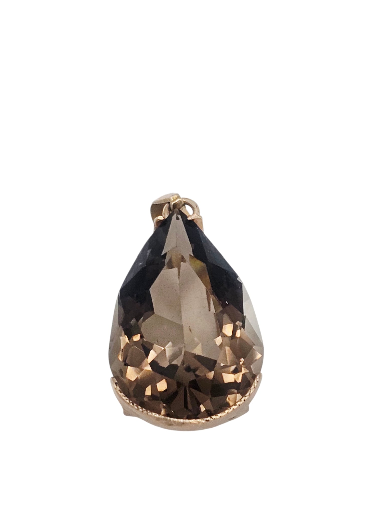 Smokey Quartz, 14k Yellow Gold Pendant: Featuring a pear-cut smokey quartz weighing approximately 41.17 cts., set in a 14k yellow gold pendant mounting. Gross weight: 10.3 grams.