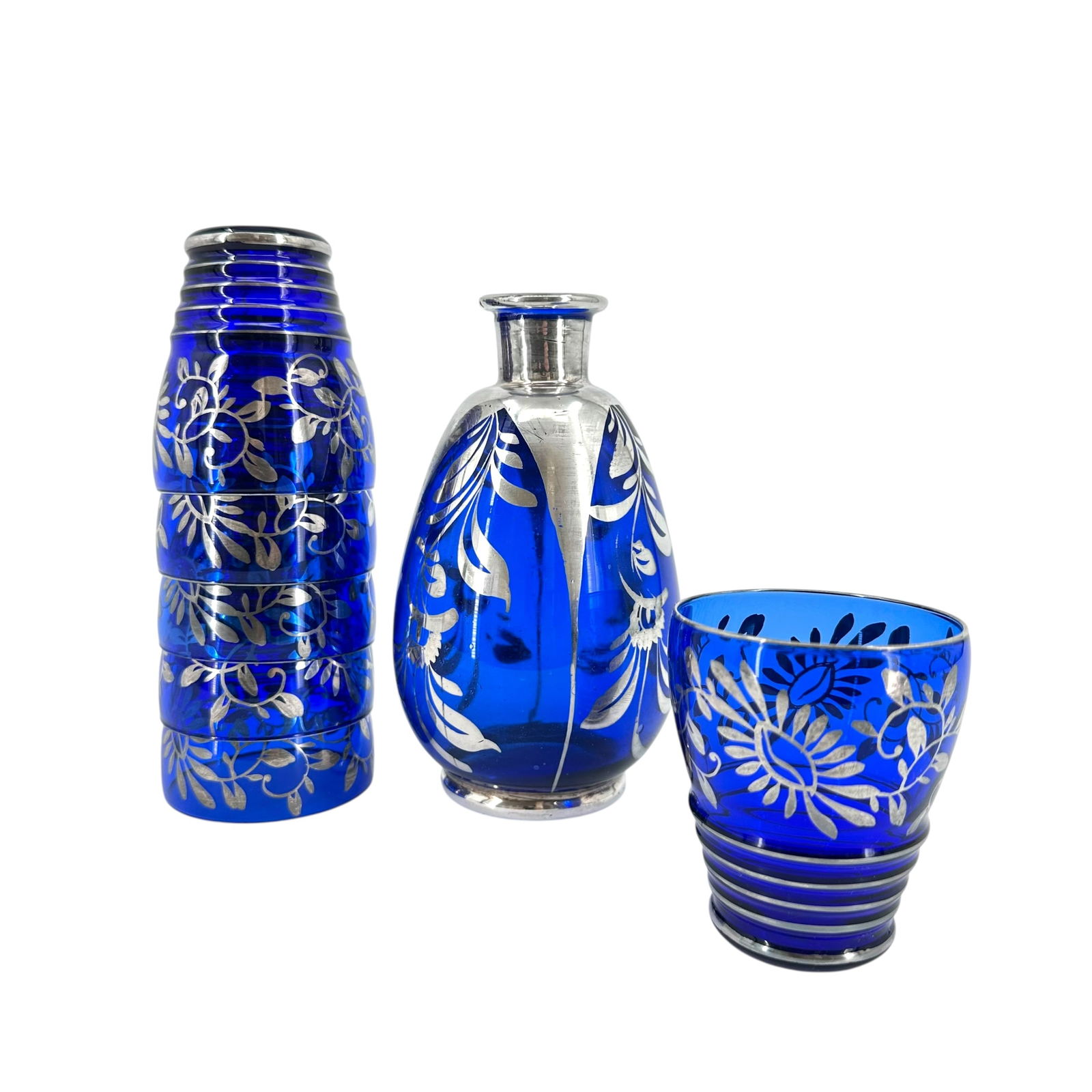 (Lot of) 7 Cobalt Blue Glass Decanter Set with Silver Overlay (1 of 7)