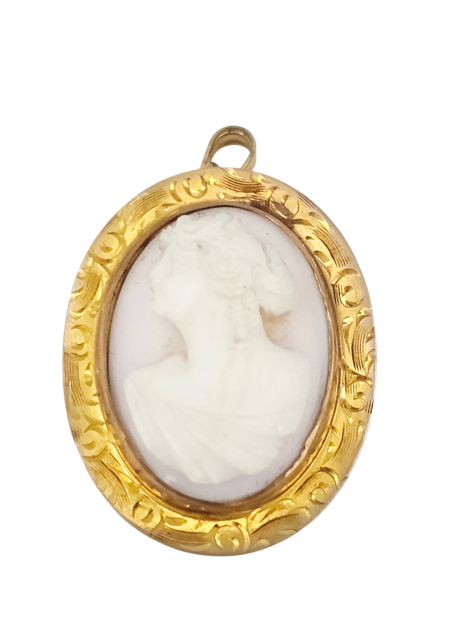 Shell Cameo, 10k Yellow Gold Pin Pendant: Centering a queen conch shell cameo depicting a classical beauty in profile, set in an engraved, 10k yellow gold pin pendant mounting measuring approximately 1.00 x 0.80 inches.