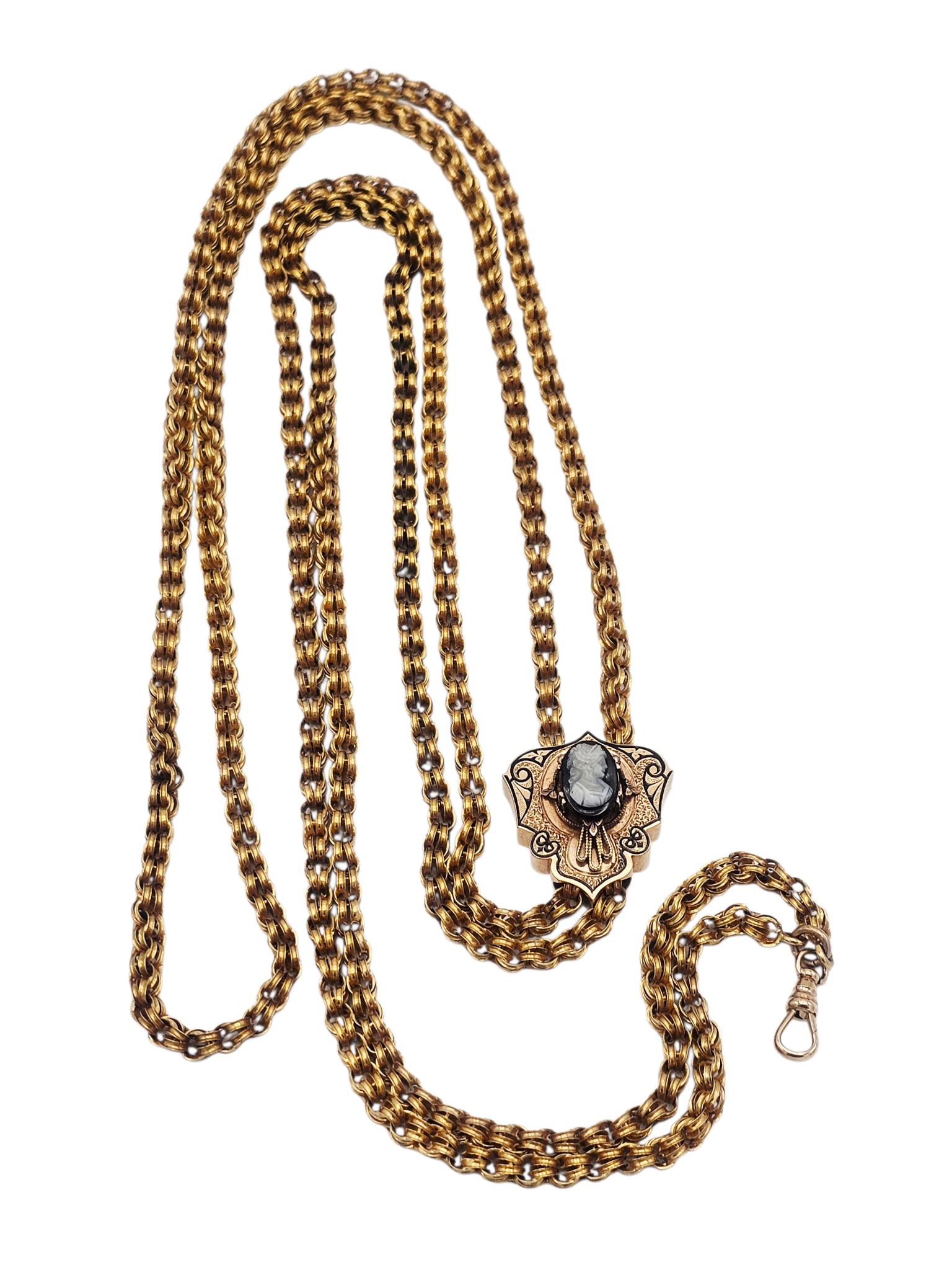 Victorian Hardstone Cameo Slide, 14k Long Chain: The 14k yellow gold double cable links, featuring one hardstone cameo, taille d'Epargne enamel, 14k rose gold slide measuring approximately 1.15 x 1.07 inches and completed by a 14k yellow gold sw