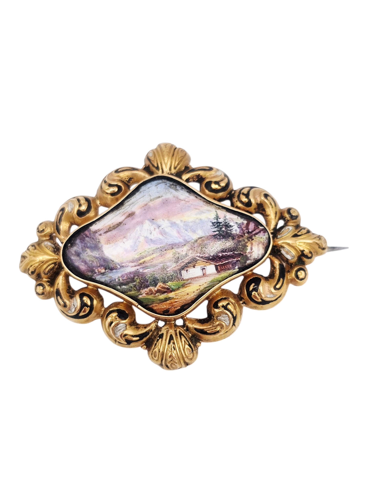 Victorian Swiss Enamel, 14k Yellow Gold Pin: Centering a Swiss enamel panel depicting a bucolic scene, set in a scrolling 14k yellow gold mounting highlighted with black and white enamel, pin measuring approximately 1.60 x 1.20 inches. Gross wei