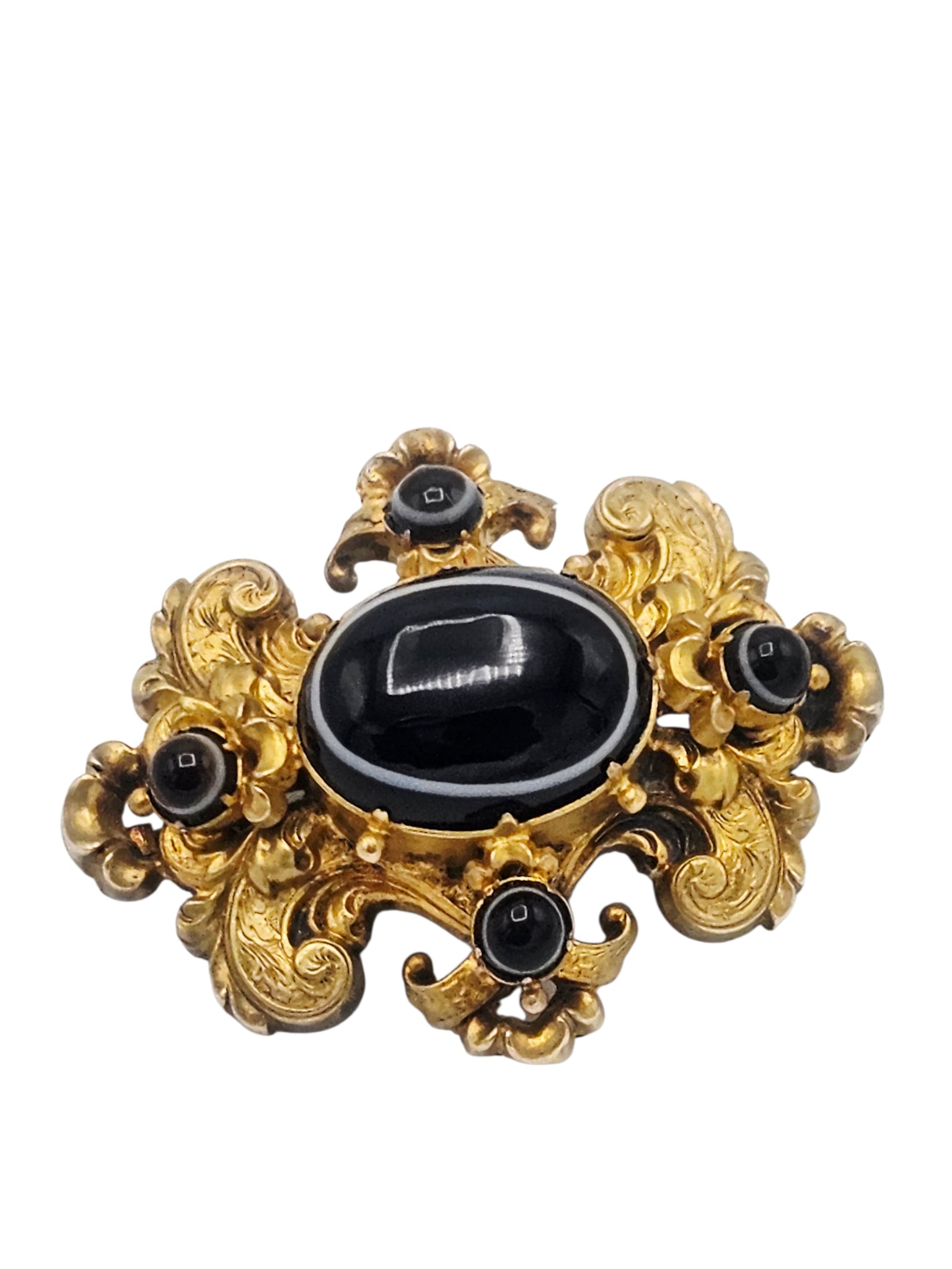 Victorian Banded Agate, 14k Yellow Gold Pin Pendant: Featuring five banded agate cabochons set in a 14k yellow gold, repousse pin pendant mounting measuring approximately 1.60 x 1.30 inches, reversing to a compartment holding braided hair. Gross weight: