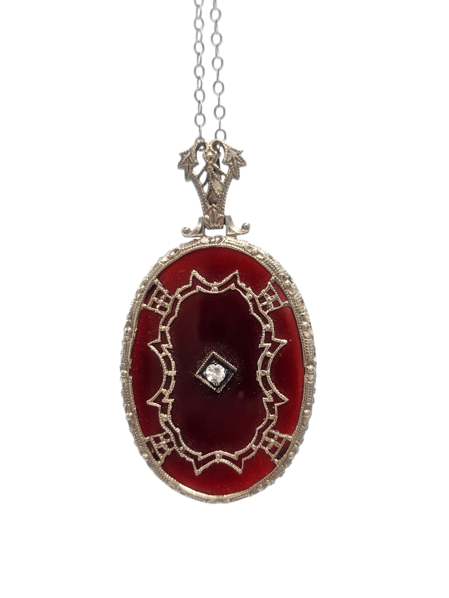 Art Deco Carnelian, Diamond, 14k White Gold Necklace (1 of 4)