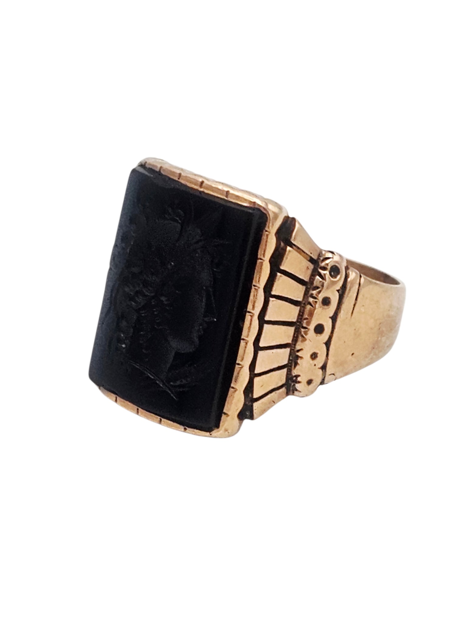 Art Deco Hardstone Intaglio, 14k Rose Gold Ring: Featuring a hardstone intaglio depicting Ceres in profile, set in a 14k rose gold ring mounting, size 10 1/4. Gross weight: 8.3 grams.
