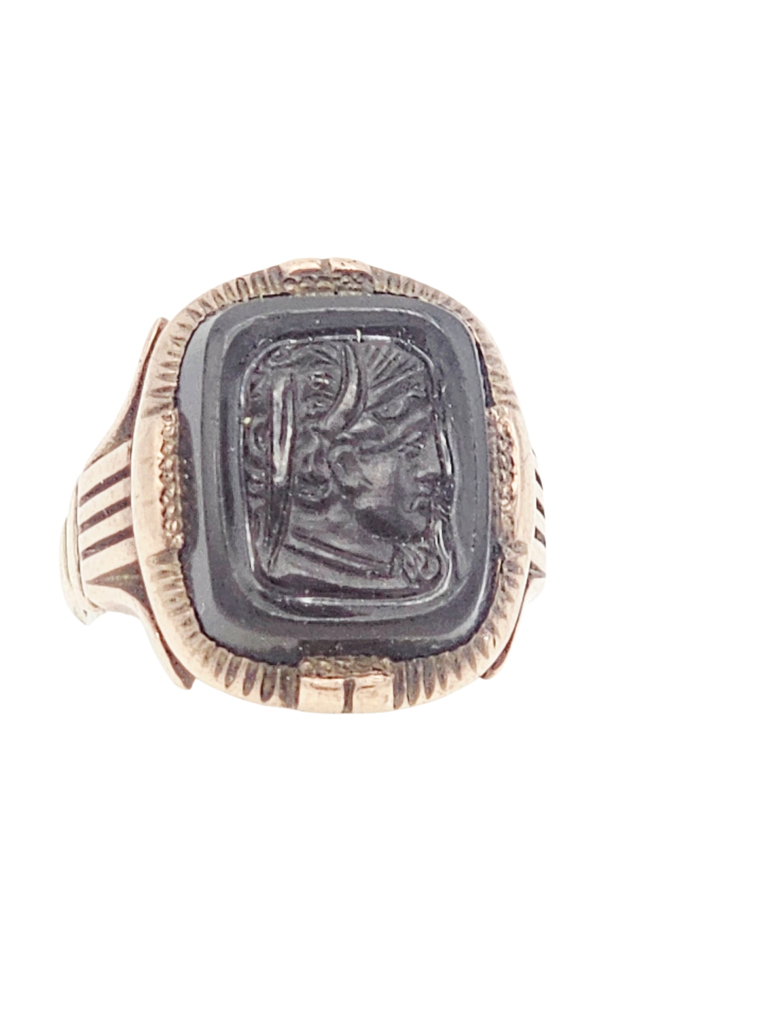 Art Deco Glass Intaglio, 10k Rose Gold Ring: Featuring a glass intaglio depicting a classical Roman face in profile, set in a 10k rose gold ring mounting, size 5 3/4. Gross weight: 5.1 grams.