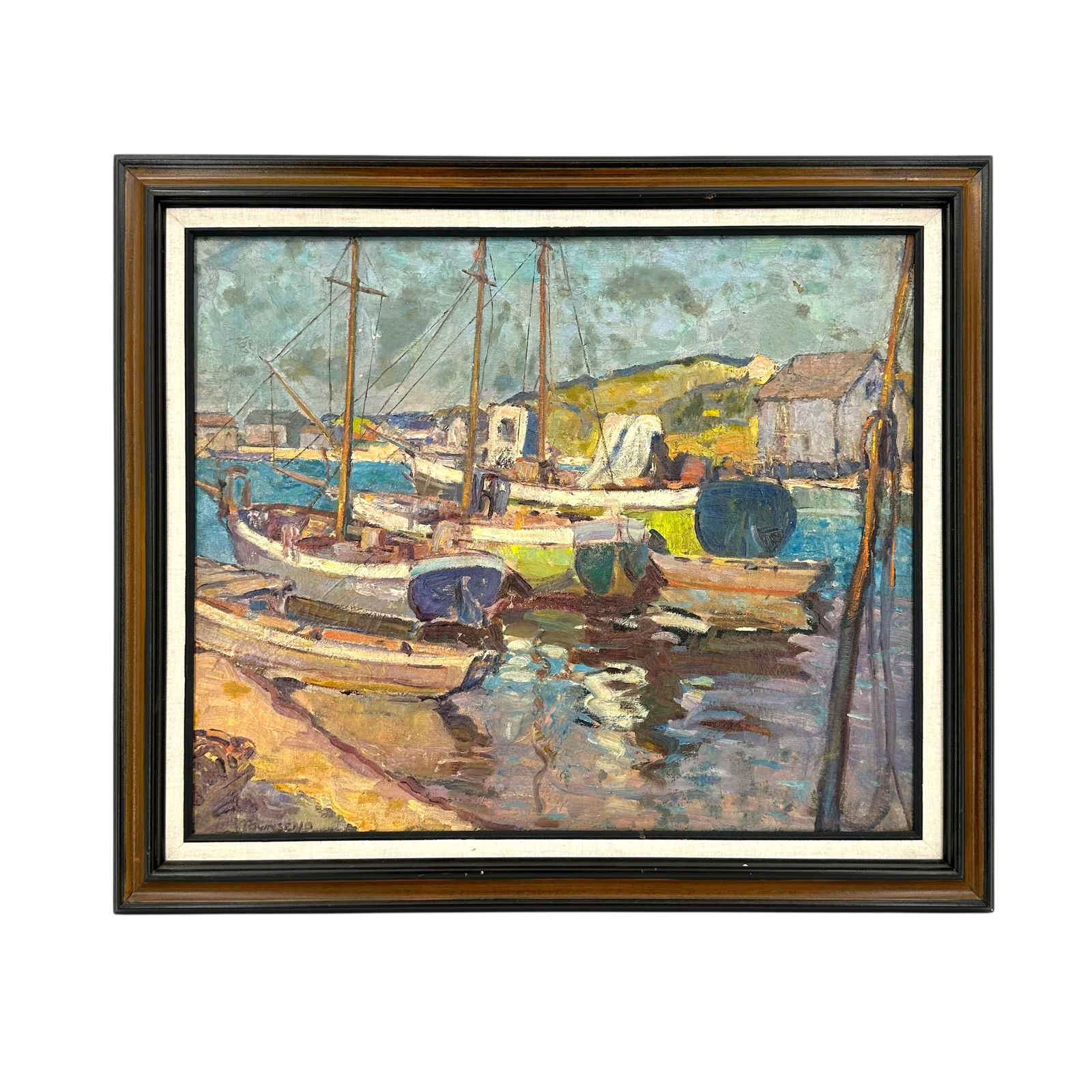Ernest N. Townsend (American, 1893-1945) "Menemsha" Oil on Canvas: Ernest Nathaniel Townsend (American, 1893-1945) "Menemsha" oil on canvas of 3 boats docked by a seaside village with cottages in the background. Signed lower left EN Townsend. Stapled to
