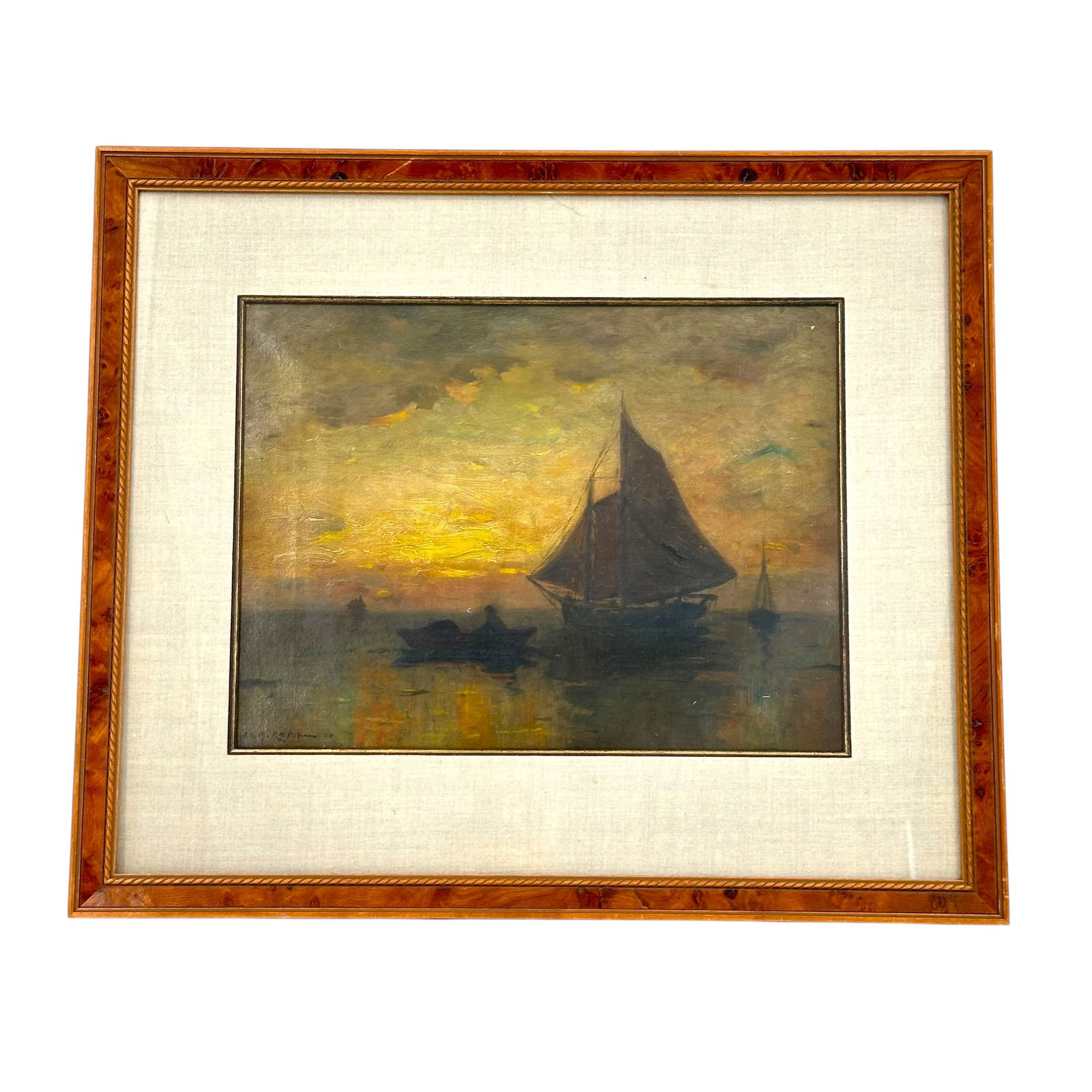 Frank Knox Morton Rehn (American, 1848-1914) Oil on Canvas: Frank Knox Morton Rehn (American, 1848-1914) Sailboats in the sunset with a rider rowing to shore, oil on canvas. Signed lower left F K M Rehn 06 and inscribed on back with 'Painted by F.K.M.