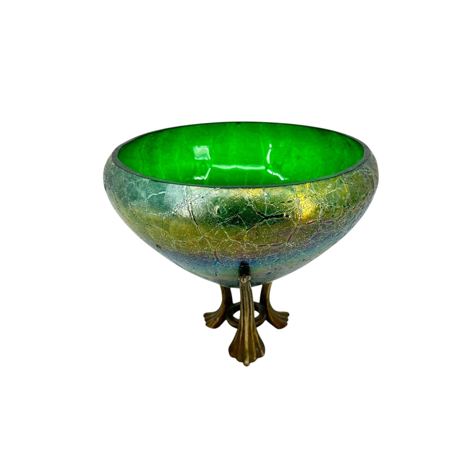 Art Nouveau Green Iridescent Glass Center Bowl with Stand: Art Nouveau iridescent green glass bowl attributed to Loetz, on a brass stand.Measures approximately 8 in H x 9 in D.Condition is very good, no cracks or chips.