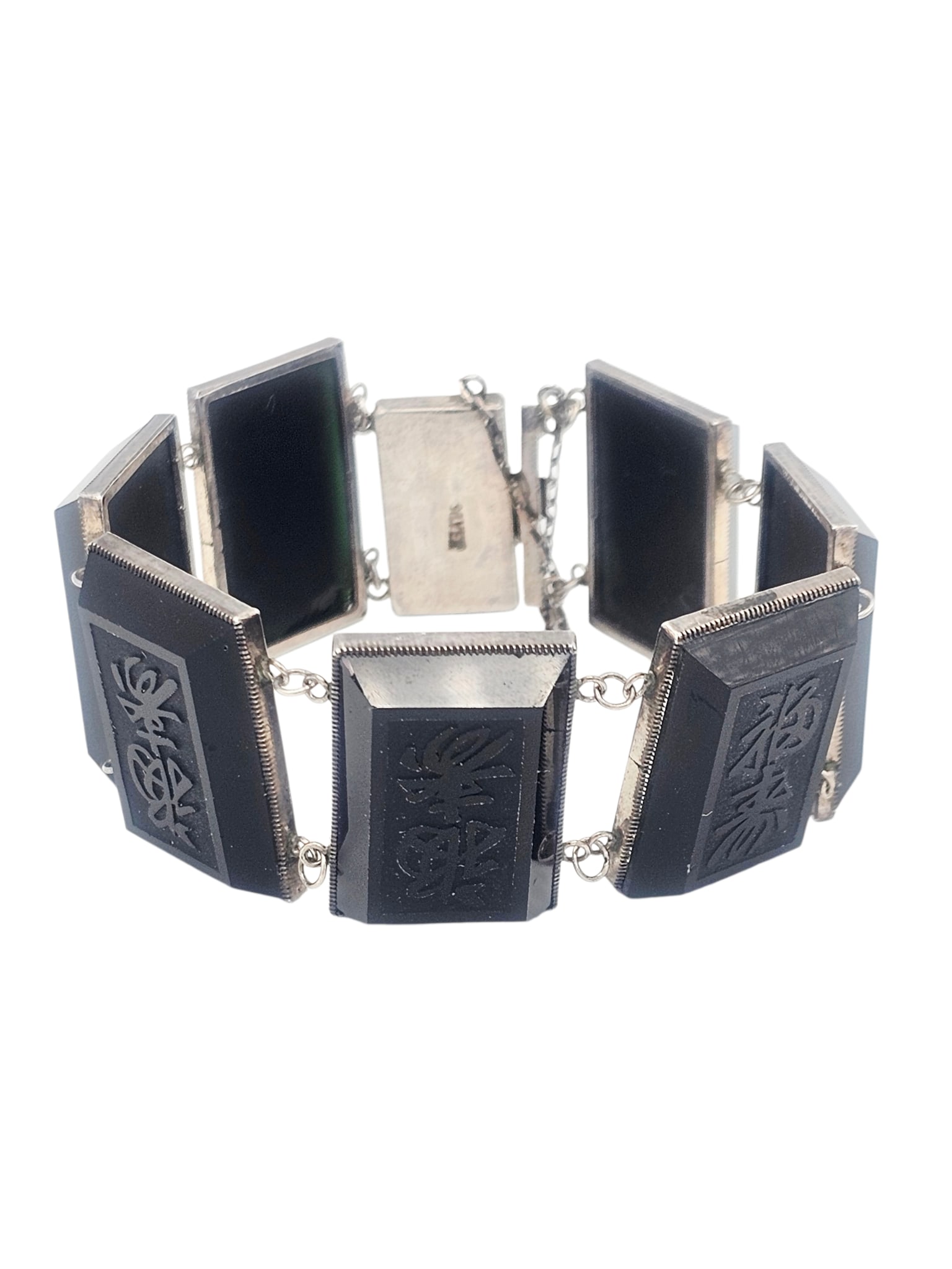 Glass, Silver Chinese Character Bracelet: Featuring seven rectangle-shaped glass tablets depicting Chinese characters, each measuring approximately 1.00 x 0.70 inches, joined by cable link chain and completed by a tongue-and-groove clasp form