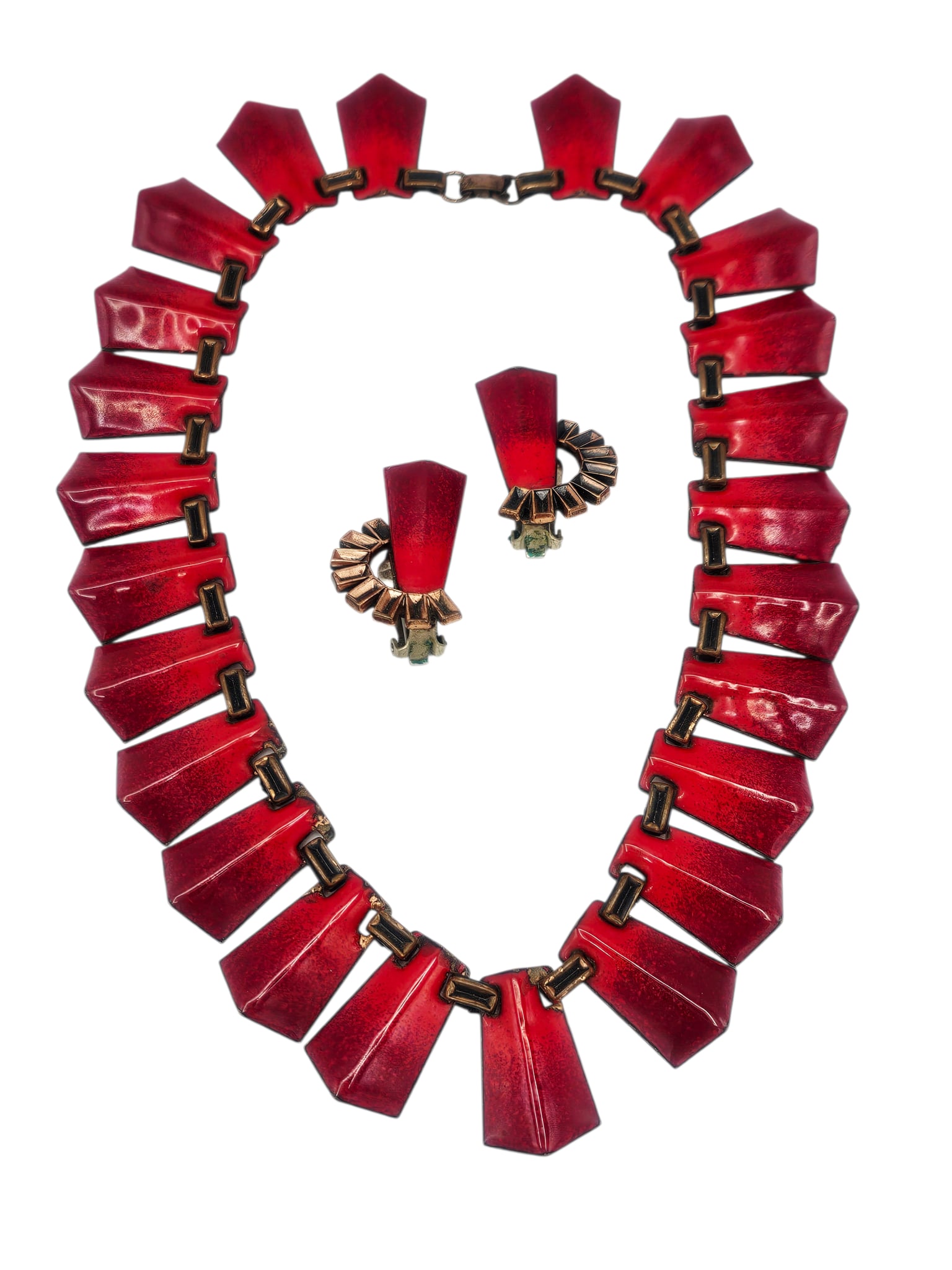 Vintage 1960s Enamel, Copper Jewelry Suite, Matisse: Featuring red enamel on copper stations, joined by rectangular links forming a 14 inch necklace, together with a pair of matching ear clips, each measuring approximately 1.22 x 0.80 inches. Ear Clips