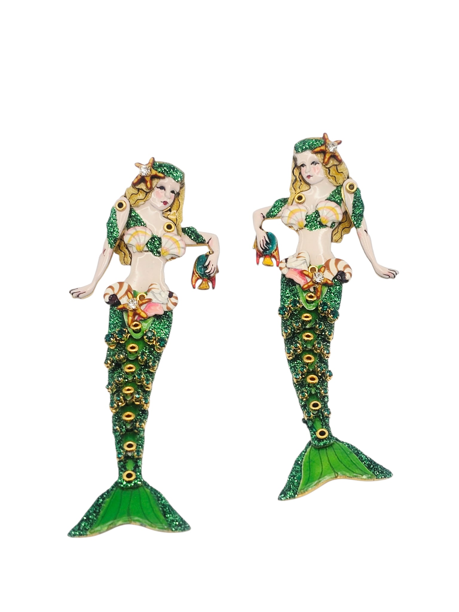 Pair of Lunch at the Ritz 'Mystical Mermaid' Earrings: Designed as a mermaid with articulated tail and arms, highlighted with polychrome enamel and crystals, set in a gold-tone earring mounting measuring approximately 3.65 x 1.05 inches. Marked: 'Lunc