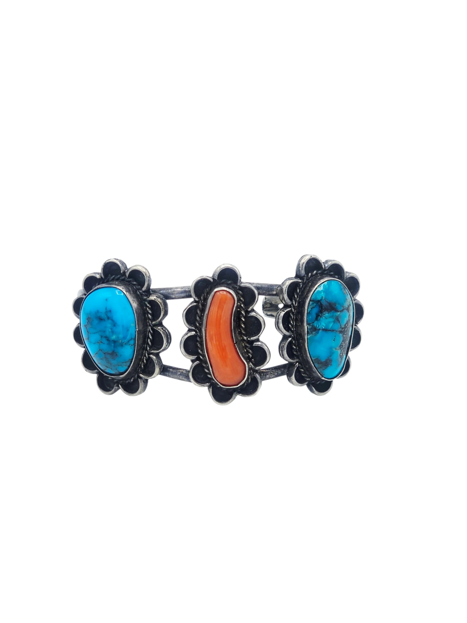 Navajo Sterling Silver Turquoise and Coral Cuff: 23.1 grams gross weight. Absence of a condition report does not indicate that this lot is in perfect condition. Please request a condition report as needed, prior to bidding on this lot. Lots are sold
