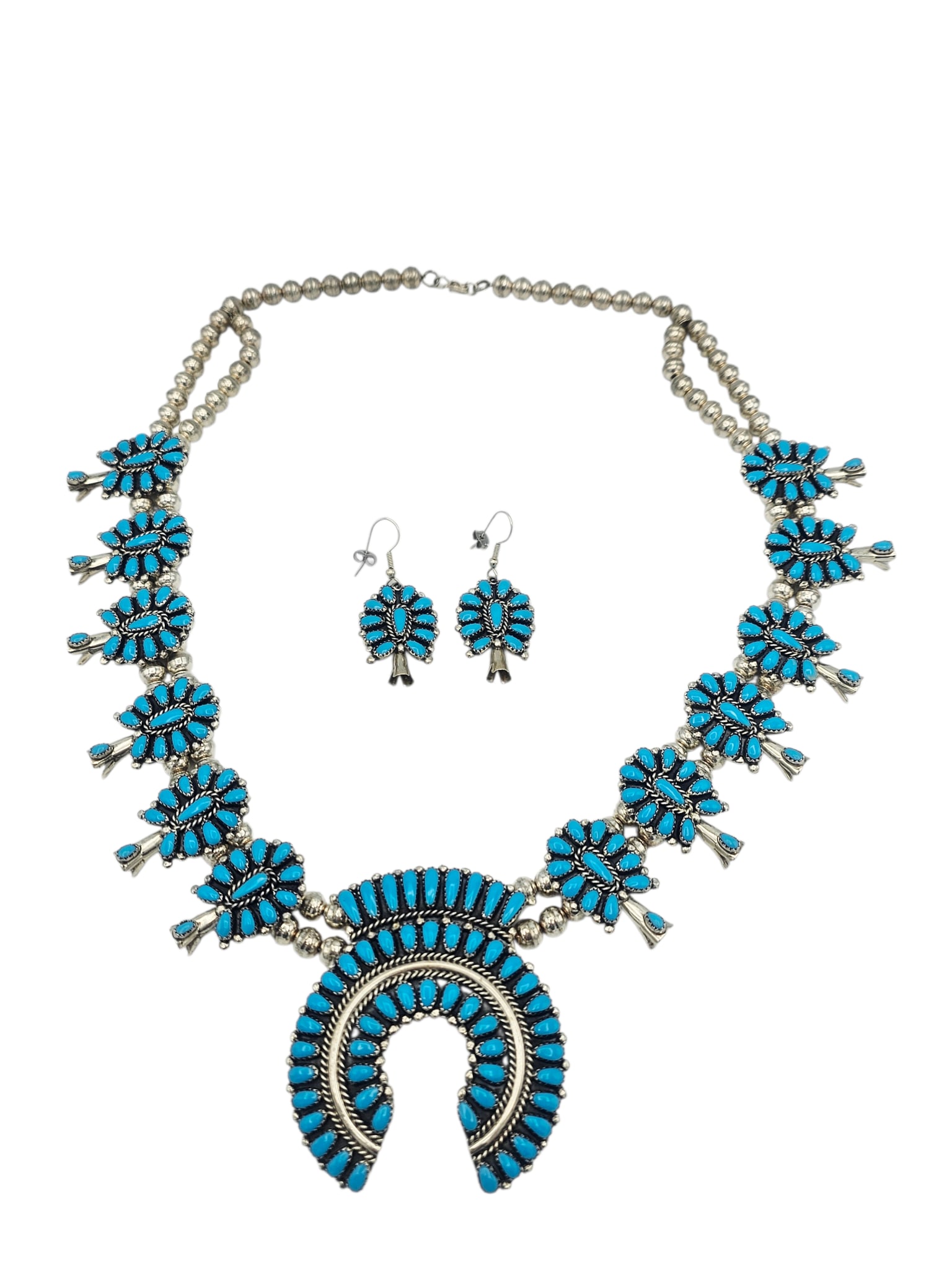 Zuni Sterling Silver and Turquoise Squash Blossom and Earring Set (1 of 8)
