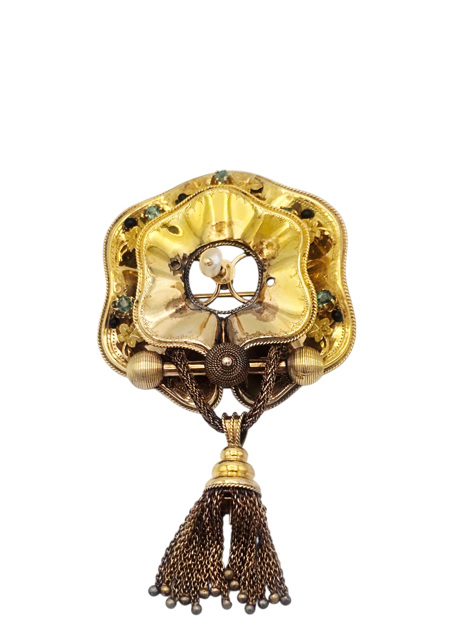 Emerald, Pearl, 14k Yellow Gold Floral Pin: A pearl, emerald, 14k yellow gold brooch in flower with tassel detail. On the front layer, there are two stones missing. Signs of soldering on the back.