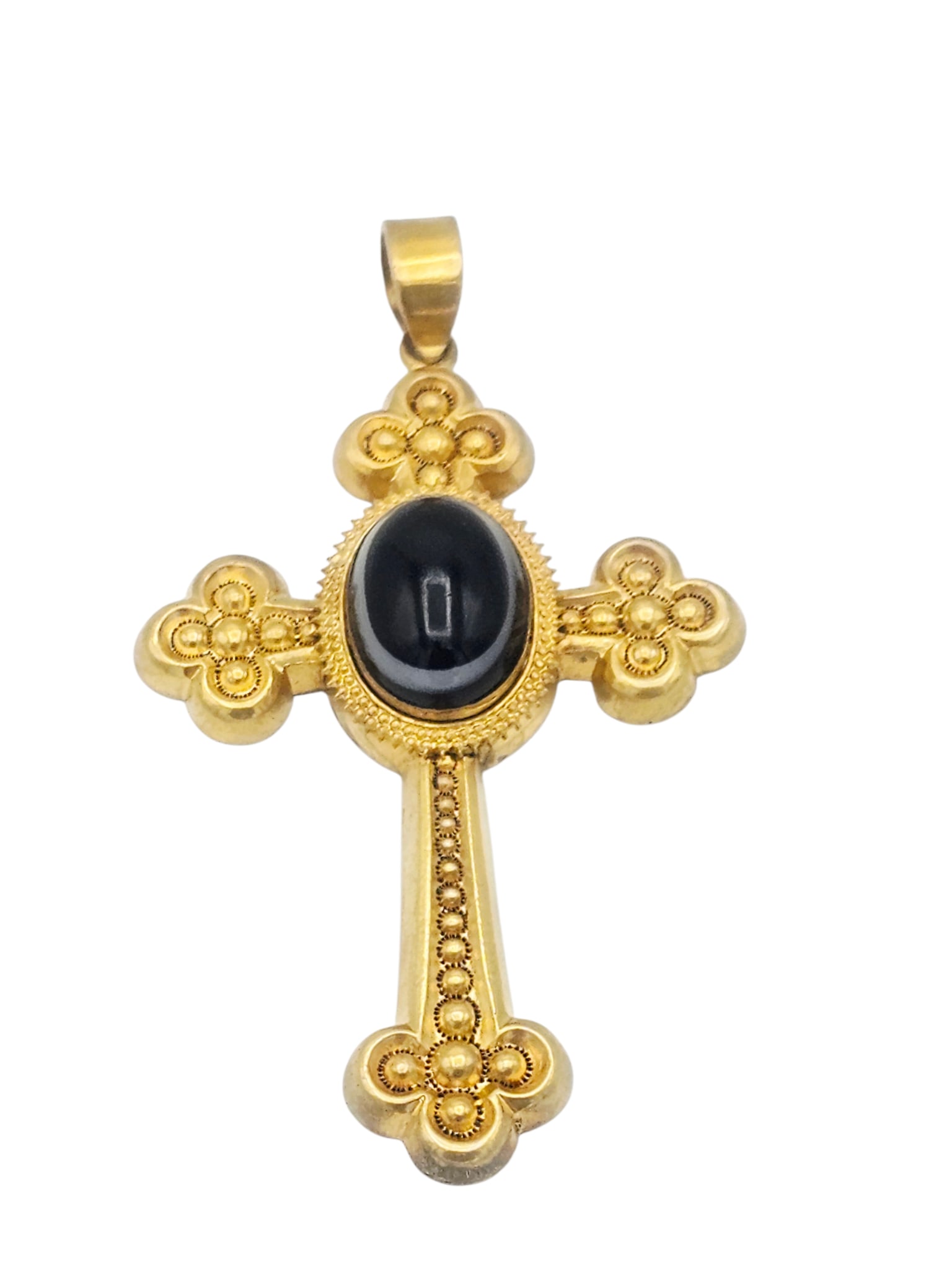 Victorian Gilt, Banded Agate Cross Pendant: Centering an oval banded agate cabochon, set in a repousse, gilt metal cross pendant measuring approximately 3.15 x 1.85 inches. Gross weight: 16.6 grams.
