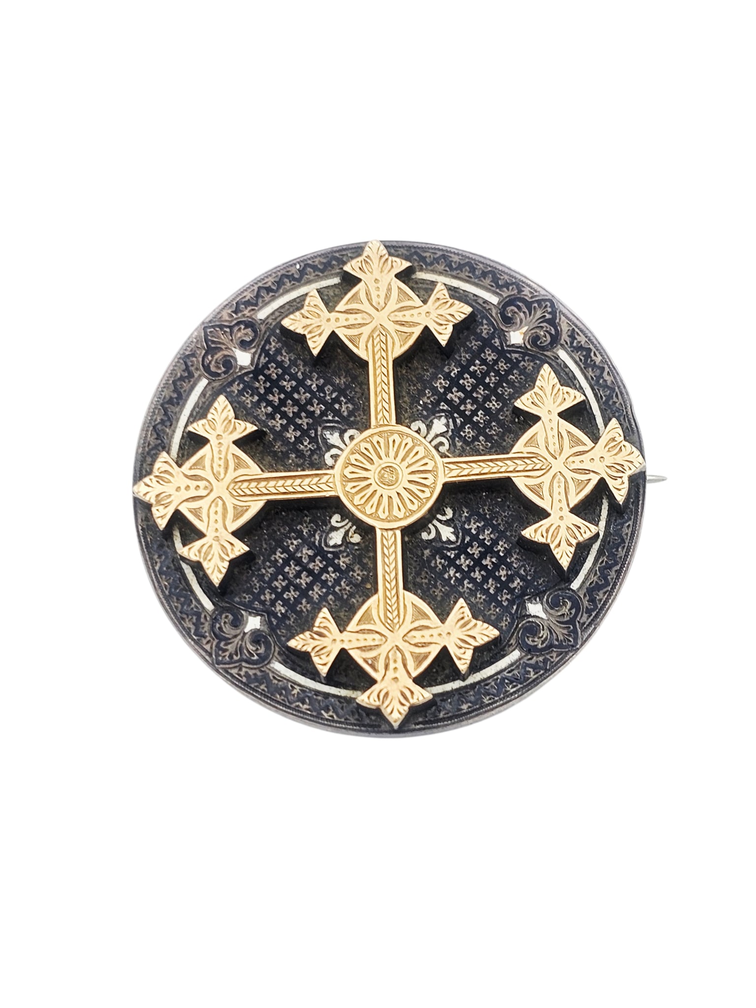 Victorian Enamel, 18k, Sterling Silver Pin: Centering an 18k yellow gold cross, highlighted by polychrome enamel, set in a circular, sterling silver pin mounting measuring approximately 1.75 inches. Gross weight: 38.7 grams.