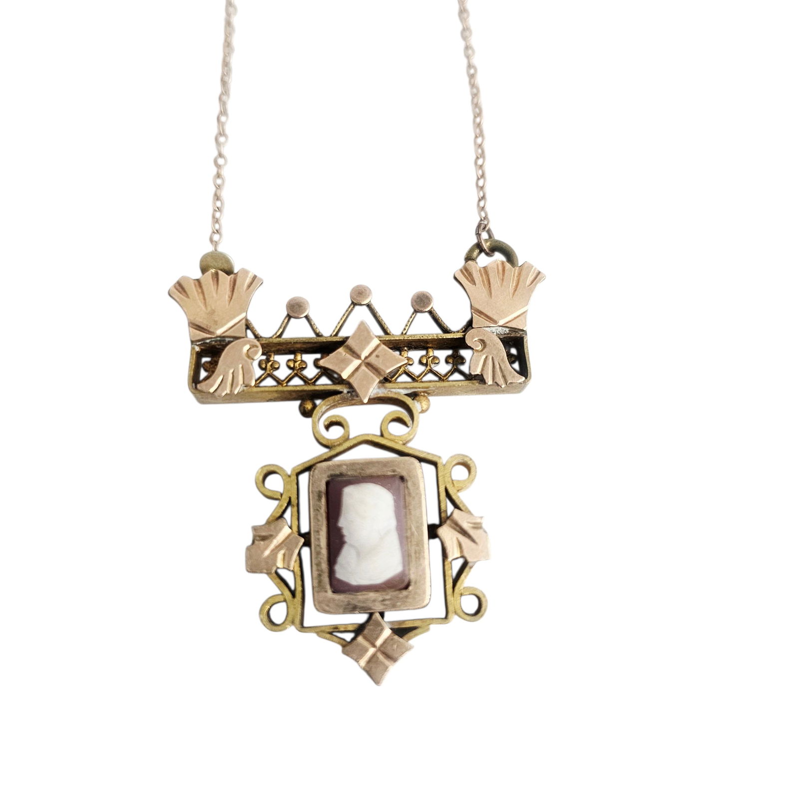 Victorian Cameo, Gilt-Metal Necklace: Featuring a rectangular hardstone cameo of a classical figure in profile, set in a rose and gold-tone mounting completed by a hidden tongue-and-groove clasp forming a 19 1/2 inch necklace. Gross