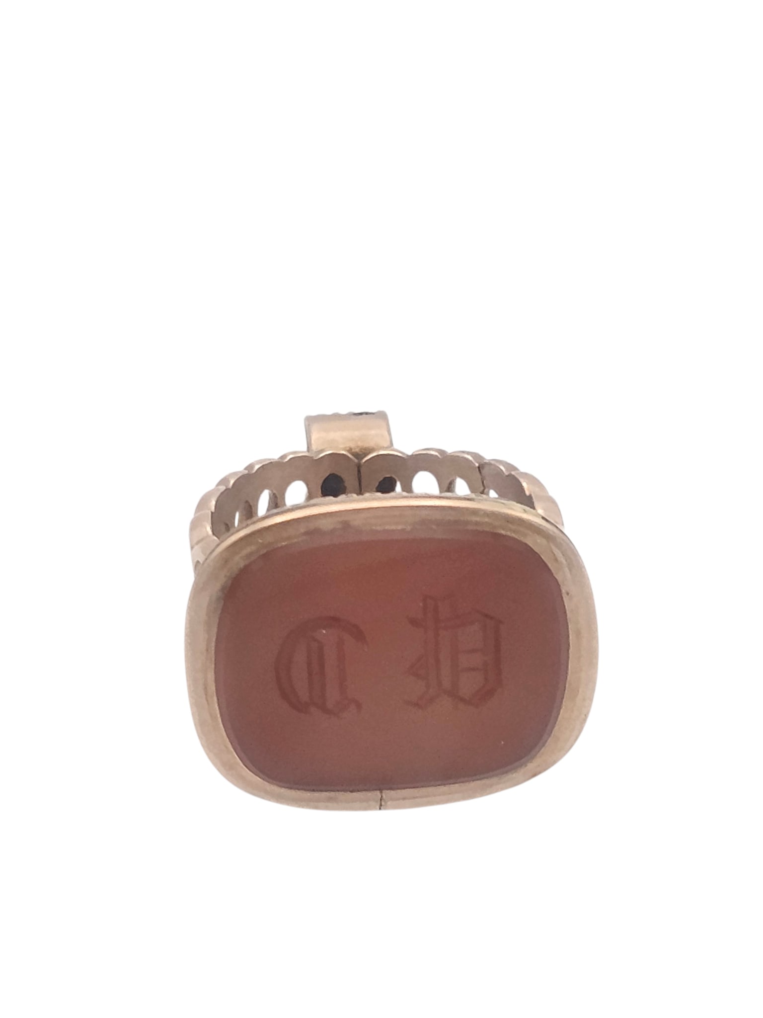Georgian Carnelian, Gilt Metal Fob: Featuring a cushion-shaped carnelian agate seal with monogram 'CP,' set in a rose gold-tone gilt metal fob measuring approximately 1.45 x 1.15 inches. Gross weight: 17.9 grams.