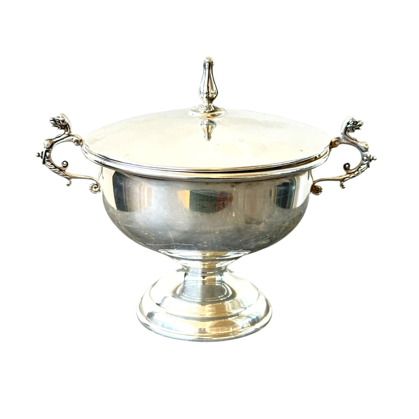 Sterling Silver Lidded Compote Dish: Reed and Barton lidded compote bowl with floral design and double handle.