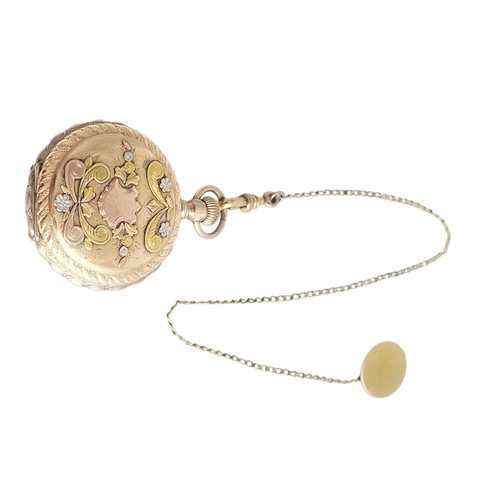 Ladies American Waltham Multi-Color Gold-Filled Pocket Watch: DIAL: Round, white, black Roman numeral hour markers, black outer minutes track, blued spade hands, subsidiary dial at 6 o'clock, American Waltham. MOVEMENT: Pendant wind and set, seven jewels,