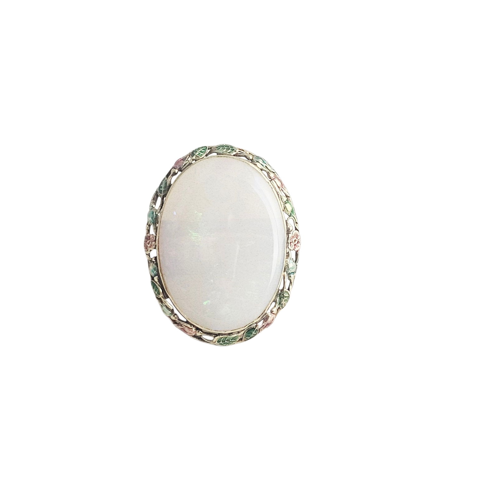 Opal, Enamel, 14k Yellow Gold Ring: Featuring an oval opal cabochon measuring approximately 39.0 x 26.5 mm, surmounted by a foliate-motif, 14k yellow gold mounting accented by green and pink enamel, ring size 8 1/2. Gross weight: 21.9