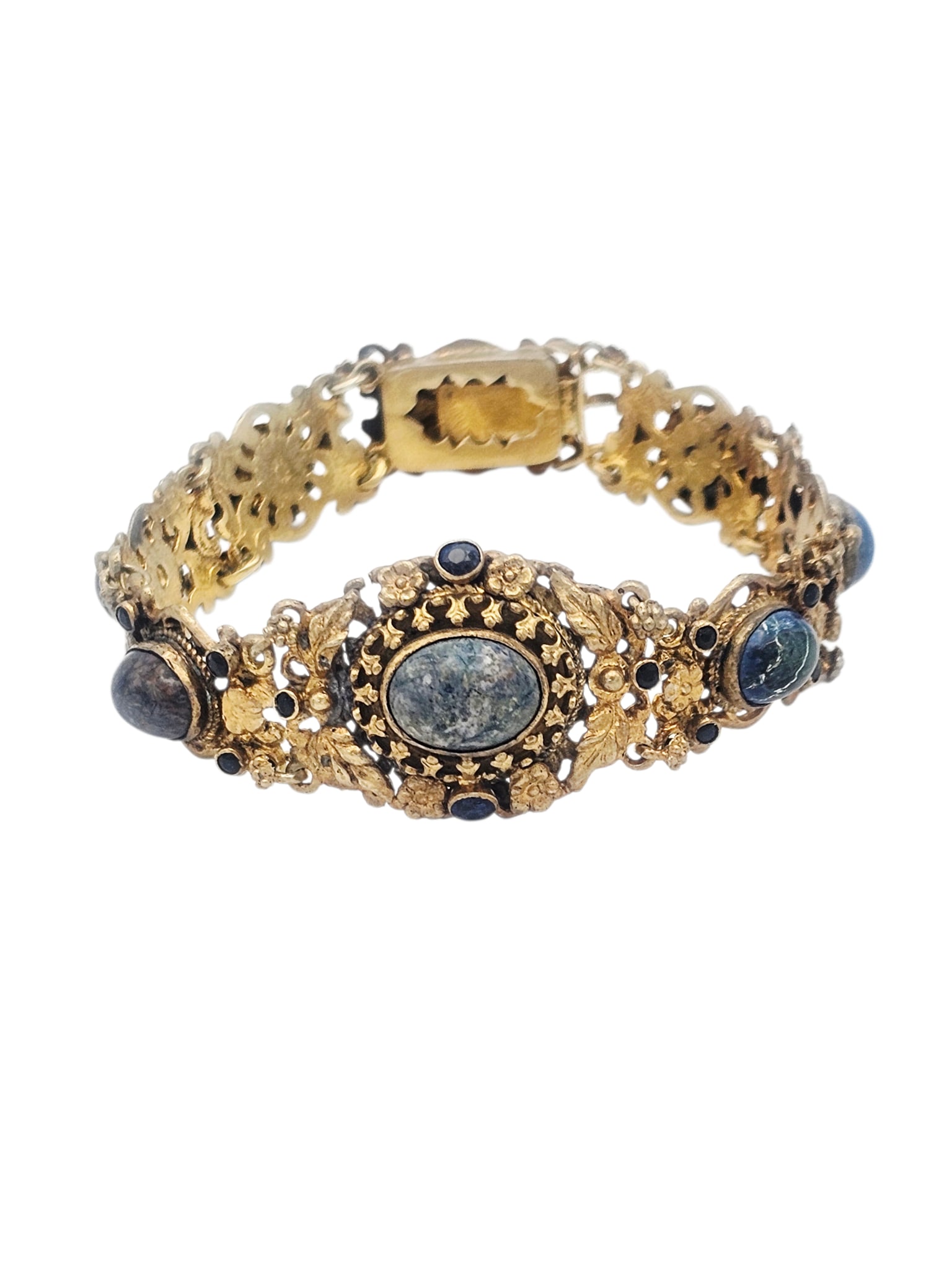 Austro-Hungarian Jasper, Silver Gilt Bracelet: Featuring eight oval dyed jasper cabochons highlighted by thirty-two round-cut glass 'stones,' set in articulated, foliate-motif silver gilt links, completed by a hidden box clasp forming a 7