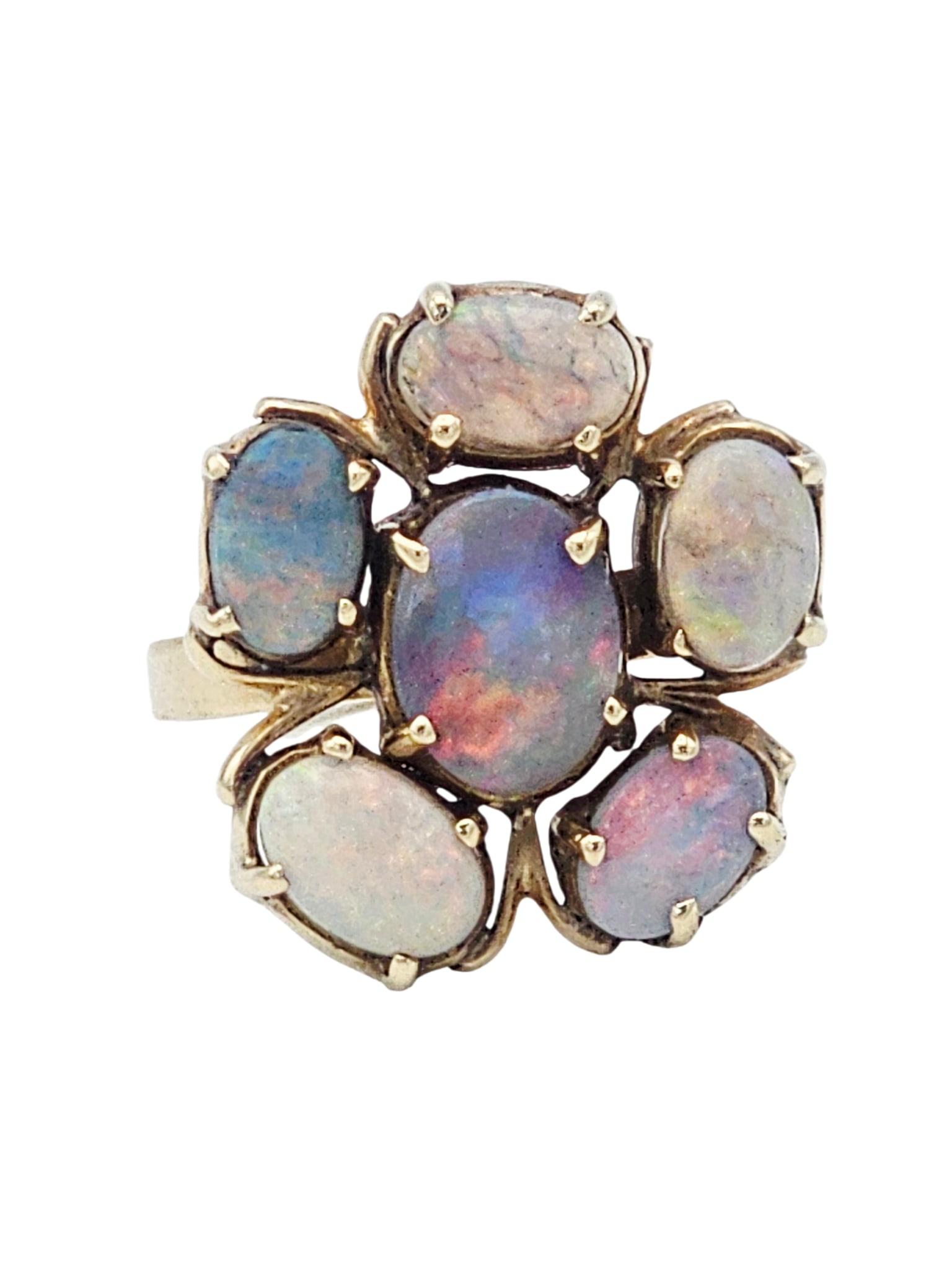 Opal, 14k Yellow Gold Ring: Featuring six oval opal cabochons measuring from approximately 8.3 x 6.0 mm to 6.60 x 4.50 mm, set in a 14k yellow gold ring mounting, size 4 1/2. Gross weight: 3.9 grams. 