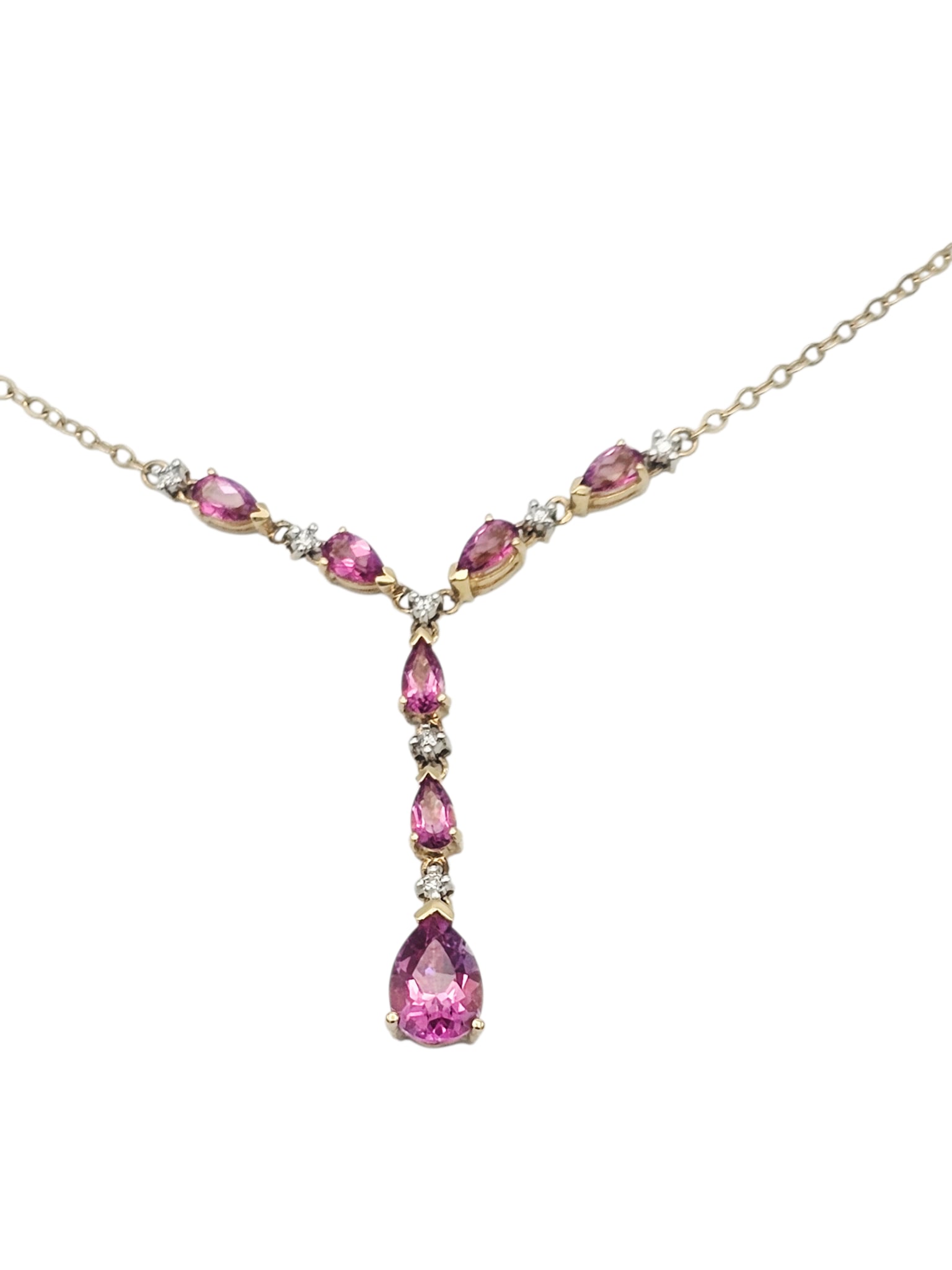 Pink Sapphire, Diamond, 14k Yellow Gold Necklace: Featuring seven pear-shape pink sapphires weighing a total of approximately 3.35 ctw., accented by seven round brilliant-cut diamonds weighing a total of approximately 0.17 ctw., set in a 14k yellow g