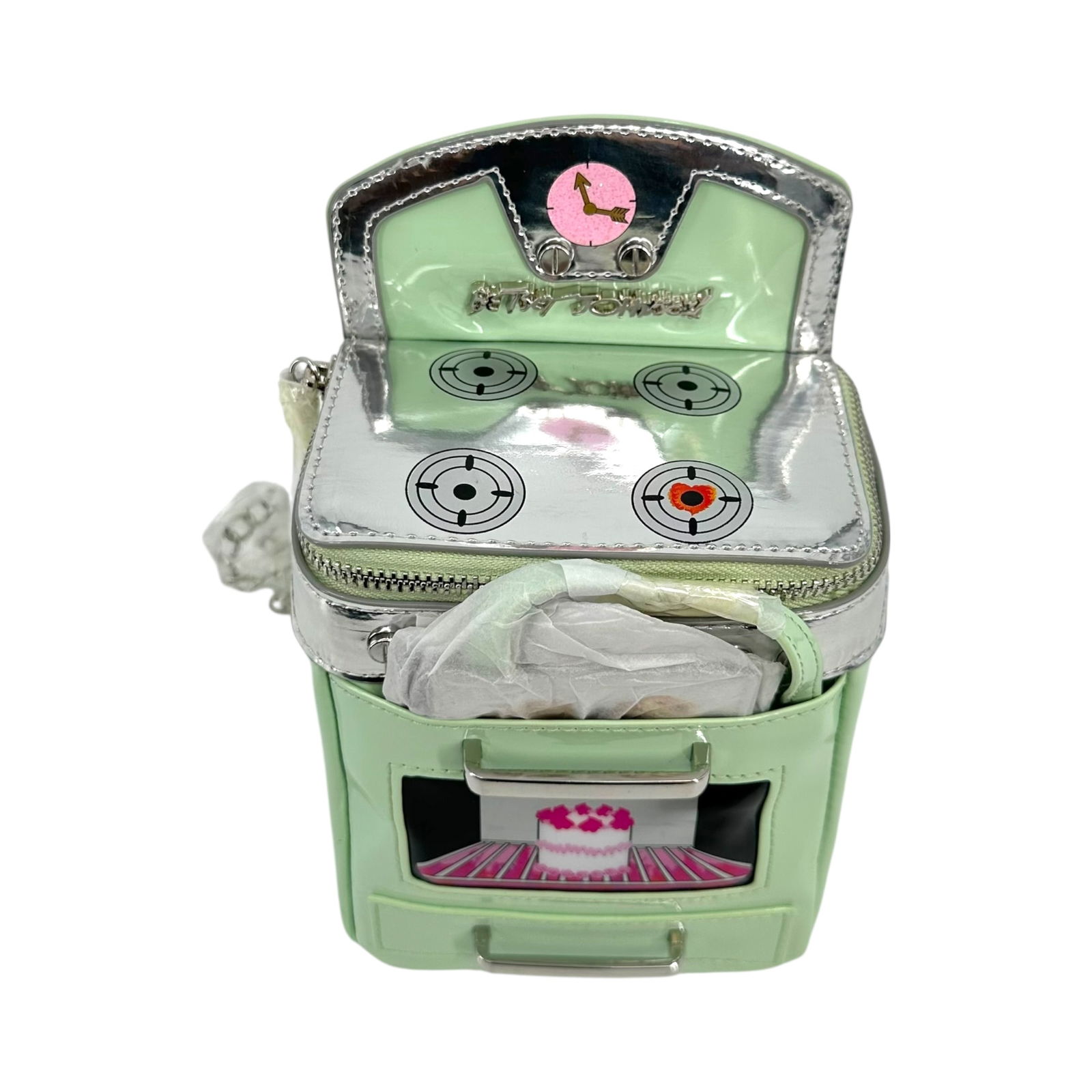 Betsy Johnson "Bake It Like Betsy" Oven Shoulder Bag: Betsy Johnson "Bake It Like Betsy" stove/oven shoulder bag with silver tone chain strap and cookie sheet ID holder, mint green faux patent leather, new condition, unused with original