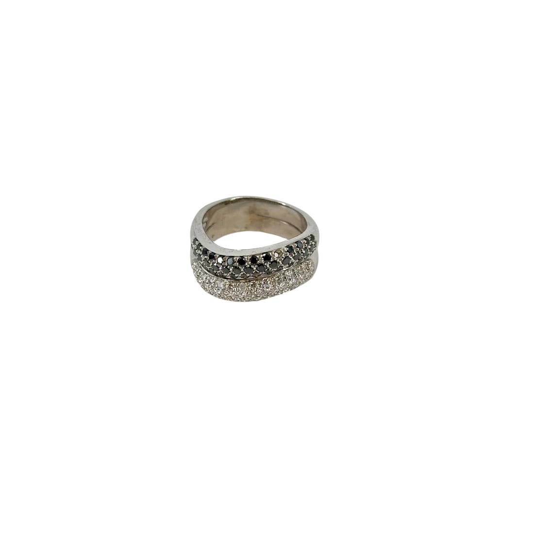 Diamond, Black Diamond, 14k White Gold Ring: Featuring eighty-five diamonds and colored diamonds weighing a total of approximately 1.70 ctw., set in a 14k white gold ring mounting, size 9 1/2. Gross weight: 13.6 grams. Item condition: one